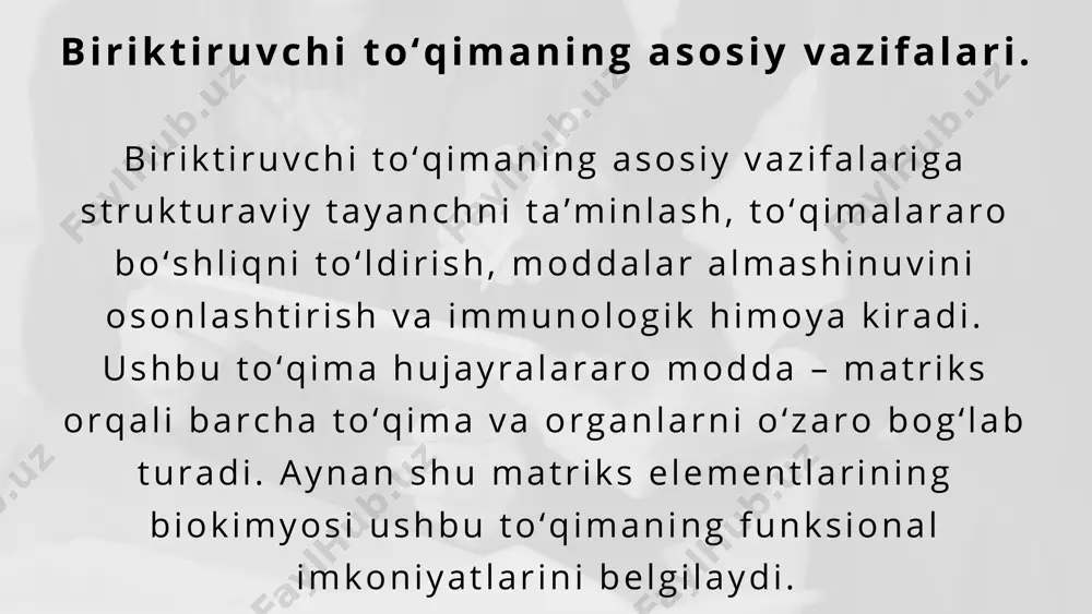 qimalarning tuzilmasini saqlashda muhim rol o‘ynaydi. enzimlar: kollagenaza, elastaza va boshqalar. biriktiruvchi to‘qima metabolizmida fermentlar muhim rol o‘ynaydi. kollagenaza – kollagenni parchalovchi ferment, elastaza esa elastinni degradatsiyalovchi fermentdir. bu fermentlar to‘qima yangilanishi va shikastlangan tuzilmalarni bartaraf etishda kerak bo‘ladi. ammo ularning haddan ortiq faolligi kasalliklarga olib kelishi mumkin, masalan, revmatoid artrit yoki emfizema. vitaminlar va kofaktorlar roli. vitaminlar (ayniqsa c vitamini) va metall ionlar (masalan, zn²⁺, cu²⁺) biriktiruvchi to‘qima metabolizmida muhim kofaktorlar hisoblanadi. c vitamini kollagen sintezida prolin va lizinning gidroksillanishi uchun zarur. mis va marganets kollagen va elastin krosslinklarini hosil qilishda ishtirok etadi. ushbu mikroelementlarning yetishmovchiligi to‘qima strukturasi va funksiyalariga salbiy ta’sir ko‘rsatadi. qon va limfa: maxsus biriktiruvchi to‘qimalar. qon va limfa ham biriktiruvchi to‘qimalar qatoriga kiradi, chunki ular hujayralararo modda (plazma) va har xil hujayralardan tashkil topgan. qon orqali organizmga oziq moddalari, kislorod, gormonlar yetkaziladi, limfa esa immun javobni shakllantiradi va ortiqcha suyuqlikni chiqaradi. bu to‘qimalar tarkibidagi oqsillar …