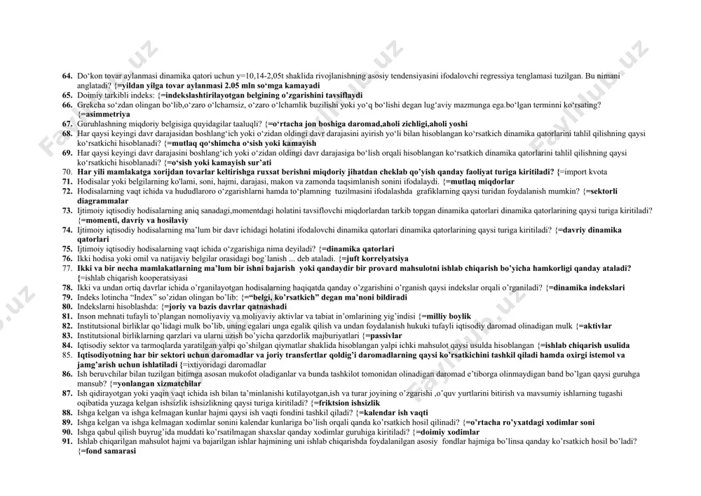 inishiga qarab bog`lanishlar … bo`ladi. {=to`g`ri chiziqli va egri chiziqli 31. arifmetik tekshirish nima ucnun o`tkaziladi? {=ma`lumotlar son(miqdoran) jihatdan tekshiriladi 32. asosiy fondlarning to’la boshlang’ich qiymatidan uning eskirgan qiymatini chegirish orqali qanday baho kelib chiqadi? {=qoldiq qiymat 33. asosiy kapitalni sotib olish, berib yuborish, qurish yoki sotib yuborish hamda asosiy kapitalni ishlab chiqarish maqsadlari uchun tovar va xizmatlar xaridi bilan bog‘liq bo‘lgan operatsiyalarni qanday operatsiyalar guruxiga kiradi? {=kapital operatsiyalar 34. avval o‘rganilayotgan hodisa to‘plami bir belgisi bo‘yicha, keyin har qaysi guruh boshqa belgi bo‘yicha kichik guruhchalarga ajratilgan jadvallar qanday jadval guruhiga kiritiladi? {=gruppaviy jadval 35. ayrim tafovutlar ishorasiga e'tibor bermasdan, ularning yigindisiga asoslanib topilgan variatsiya ko‘rsatkichi bu:- {=o‘rtacha absolut tafovut 36. bahoninig umumiy indeksi aniqlanilayotganda vazn vazifasini: {=joriy davrda ishlab chiqarilgan mahsulot hajmi bajaradi 37. bank foydasini bank aktivlarga nisbati bilan aniqlanadigan ko‘rsatkichni ko‘rsating? {=aktivlarning rentabelligi koeffitsienti 38. bankning xususiy mablag‘larni barcha passivlarga nisbati bilan aniqlanadigan ko‘rsatkichni ko‘rsating? {=kapitalni yetarliligi …