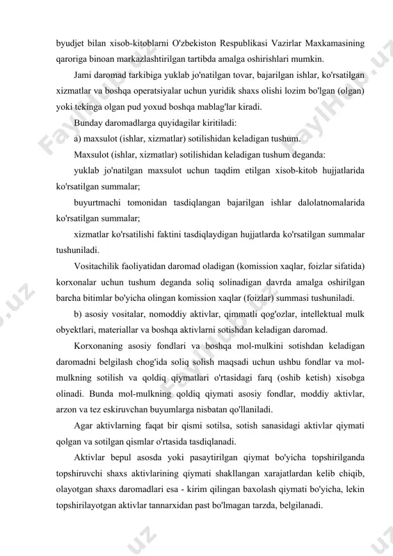 rilganda topshiruvchi shaxs aktivlarining qiymati shakllangan xarajatlardan kelib chiqib, olayotgan shaxs daromadlari esa - kirim qilingan baxolash qiymati bo'yicha, lekin topshirilayotgan aktivlar tannarxidan past bo'lmagan tarzda, belgilanadi. v) foizlar ko'rinishidagi daromadlar; g) dividendlar; d) bepul olingan mol-mulk. agar mablag'larni bepul topshirish tizim ichida korxonalar o'rtasida yuz bersa, bunda tizim deganda vazirlik, kontsern,trest va xokazolar tushuniladi va bu mablag'lar taqsimlash balansi bo'yicha, yuqori tashkilot buyrug'iga ko'ra olingan bo'lsa, ular soliq solish obyekti xisoblanadi. e) mol-mulkni ijara (lizing)ga berishdan olingan daromad; bunda shuni nazarda tutish lozimki, agar ijaraga beruvchi amortizatsiyalanadigan asosiy vositalarni lizing shartnomasi bo'yicha ijaraga topshirsa, operatsiya soliq solish maqsadida ijarachi tomonidan mol-mulk xarid qilinishi sifatida qaralishi kerak. agar u quyidagi shartlardan biriga javob bersa, amortizatsiyalanadigan asosiy vositalarning ijarasi lizing xisoblanadi: ijara muddati asosiy vositalar xizmat muddatining sakson foizidan oshib ketsa; ijarachi asosiy vositalarni qat’iy narxda yoki ijara tugaganidan keyin belgilanadigan narxda sotib olish huquqiga ega bo'lsa; ijaraga olinadigan asosiy vositalarning …