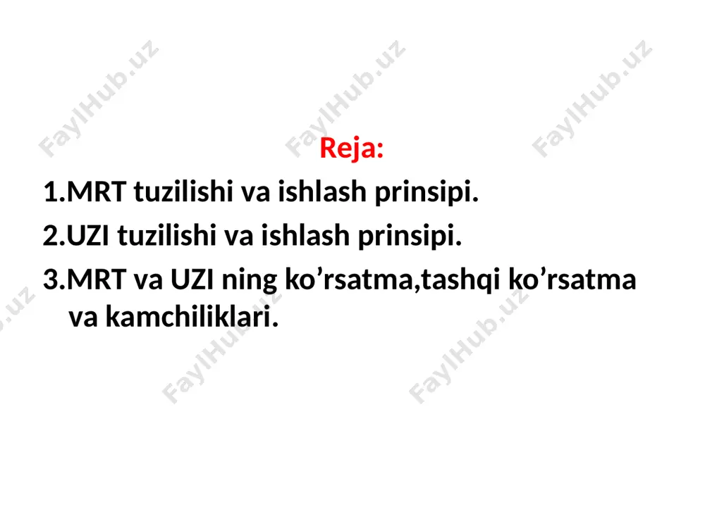 imatsion sun’iy ventilyatsiyasidagi kasallar tekshirish sohasida metalik obyektlar. sonogrofiya ultratovush— 20 khz yuqori boʻlgan toʻlqinlar, tashxisotda 1—15 mhz toʻlqinlar qoʻllaniladi. ultratovush odam tanasidan qisman oʻtadi va ikkita har xil akustik zichlik ega boʻlgan toʻqima chegarasidan bir qismi oʻtadi, bir qismi qaytadi toʻqimalar akustik zichligi qancha koʻp farq qilsa oʻshancha koʻp ultratovush qaytadi. qaytgan ultratovush tasvirga aylantiriladi. havo va suyak toʻqima chegaralaridan ultratovush deyarli 100 % qaytadi— suyak va havoli aʼzolarni koʻrib boʻlmaydi. datchiklar ultratovushni tanaga yuboradi va qaytgan tovushni qabul qiladi datchiklar yuqori va past chastotali boʻladi. yuqori chastotali ultratovush (5 mhz yukori) tanaga chuqur oʻtmaydi, lekin yuzaki toʻqimalarni yaxshi tasvirlaydi (mushak, qalqonsimon bez, boʻgʻimlar). past chastotali ultratovush (2,5—3,5 mhz) tanaga chuqur oʻtadi va ichki aʼzolarni tasvirlashga imkon beradi lekin yuzaki toʻqimalarni yaxshi koʻrsatmaydi. -yumshоq to'qimа vа suyuqliklаr tаsvirlаnаdi -kаltsinаtlаr 2 mm, kistаlаr 5 mm dаn ko'rinа bоshlаydilаr. -suyak vа hаvоli а’zоlаr tаsvirlаnmаydi -nurlаnish yuk -pоliprоеktsiоn tеkshiruv -tеz vа eng …