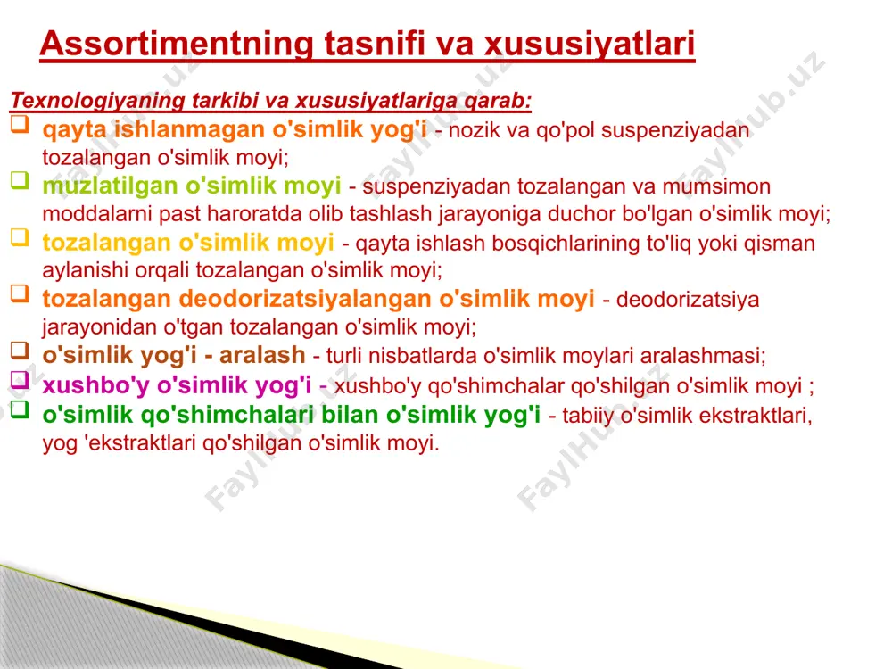 orbentlar bilan ishlov berish orqali rang beruvchi moddalarni ajratib olish. deodorizatsiya . yog'ning hidi va ta'mini beruvchi uchuvchi moddalarni distillash jarayoni. muzlash. yog'ning ko'rinishini yaxshilash uchun mumsimon moddalarni olib tashlash. sifatni shakllantiruvchi omillar sifat talablari ta'm va hid . ular moyli o'simlik xom ashyosining turi va sifatiga, ishlab chiqarish usuliga va moylarni qayta ishlash darajasiga, ularni saqlash muddati va shartlariga bog'liq. ta'm va hidga qarab siz yog'ning tabiatini, yangilik darajasini va aralashmalar, shu jumladan benzin (ekstraktsiya moyida) mavjudligini aniqlashingiz mumkin. ta'mi va hidi har bir moy turiga xos bo'lib, turli xil xom ashyo turlari bilan belgilanadi. yog'li urug'larda yuqori harorat. qayta qilingan yog'lar unchalik aniq bo'lmagan ta'mi va hidi bilan ajralib turadi va deodorizatsiyadan o'tgan yog'lar ta'm va hidda shaxssiz bo'lib qoladi. shaffoflik . to'xtatilgan zarrachalardan moyni tozalash darajasini tavsiflovchi ko'rsatkich. neftning navi qanchalik yuqori bo'lsa, uning shaffofligi va cho'kindi miqdori kamroq bo'ladi. qayta qilingan yog'lar shaffof bo'lishi kerak va …