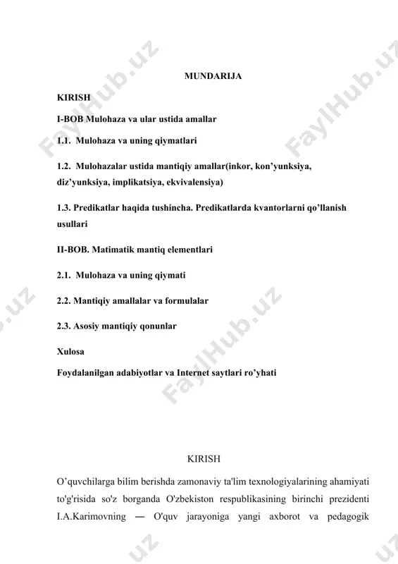 ash jarayonining tashkilotchisi, maslahatchisi, o'quv jarayonining menejeri bo'lishi lozim. ta'lim texnologiyasini ishlab chiqish asosida aynan shu g'oyalar yotadi. fanning asosiy masalasi–matematik mantiq, bir tomondan, formal mantiq muammolariga matematik metodlarni qo‘llash bo‘lsa, ikkinchi tomondan, matematikani asoslashga xizmat qiluvchi fan sifatida foydalanishdir. hozirgi zamon matematik mantiqi avtomatika, mashina matematikasi, bir tildan ikkinchi tilga avtomatik tarzda tarjima qilish, matematik lingvistika, axborot nazariyasi va umuman kibernetikaning nazariy va asosi hisoblanadi. mavzuning dolzarbligi. dizyunktiv va konyunktiv normal forma” matematik mantiq” kursida muhim tushunchalaridan biri hisoblanib, kurs davomida bu mavzu talabalarga mustaqil o’rganish uchun taqdim etiladi. ushbu kurs ishida mulohazalarda formula, qism formula, aynan chin, aynan yolg’on va bajariluvchi formulalar tushunchasi oliy o’quv yurtlari talabalarining bu boradagi bilimlarini mustahkamlashda muhim rol o’ynaydi. talabalarning bu boradagi bilimlarini mustahkamlash bilan birga,kelajakdagi faoliyatlari uchun dastur-ul amal bo’lib xizmat qiladi. kurs ishining maqsadi. mulohazalar algebrasi va ular ustida amallar, teng kuchli formulalar, formulalarning normal shakllar, formulalarming mukammal dizyunktiv va mukammal …