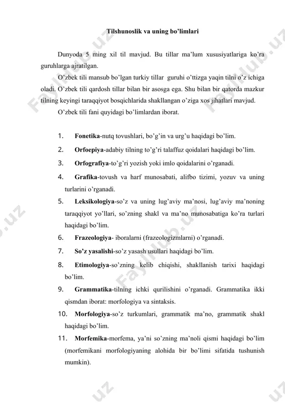 17. til tarixi-til taraqqiyotining tarixiy bosqichlaridagi muhim jihatlarni o’rganadi. fonetika «fonetika» grekcha so’zdan olingan bo’lib, «tovush» ma’nosini anglatadi, ya’ni «tovush haqidagi bo’lim» demakdir. nutq tovushlari fonetikada o’rganiladi. nutq a’zolari harakati jarayonida hosil bo’lgan tovushlar nutq tovushlari deyiladi. nutq tovushlarini hosil qiluvchi nutq a’zolarining jami nutq apparati deb yuritiladi. nutq a’zolari nutq tovushlarini hosil qilishdagi ishtirokiga ko’ra ikki xil bo’ladi: 1. faol (aktiv) nutq a’zolari: 1) til; 2) ovoz (un, tovush) paychalari; 3) yumshoq tanglay; 4) og’iz bo’shlig’i (til, lab); 5) pastgi jag’. 2. passiv (sust) nutq a’zolari: 1) o’pka; 2) kekirdak; 3) qattiq tanglay; 4) burun bo’shlig’i; 5) tish. nutq tovushlari ikki xil: unli va undosh tovushlar. unli tovush: o’pkadan chiqayotgan havo oqimining og’iz bo’shlig’ida hech qanday to’siqqa uchramay chiqishidan hosil bo’ladigan tovush unli hisoblanadi. unli tovushlar oltita: a, i, e, u, o’, o. unlilar lab ishtirokiga ko’ra ikki xil bo’ladi: 1. lablangan unlilar: o, u, o’ 2. lablanmagan unlilar: …