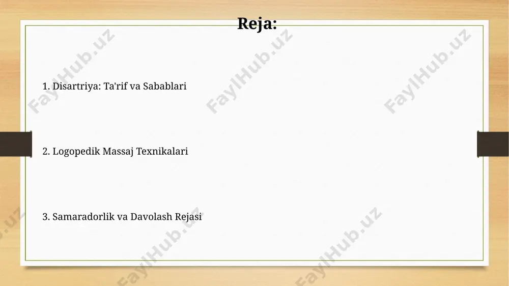 hga yordam beradi, bu esa artikulyatsiya aniqligini oshiradi, ammo natijalar bemorning individual xususiyatlariga bog'liq. ba'zi hollarda, masalan, og'ir neyrologik kasalliklarda, logopedik massajning samaradorligi cheklangan bo'lishi mumkin va qo'shimcha terapiyalar, masalan, nutq terapiyasi bilan birgalikda qo'llanilishi kerak. davolash natijalari va prognozi davolash natijalari, bemorning dastlabki holati, ya’ni disartriya og‘irligiga va logopedik massajga muntazam rioya qilinishiga bog‘liq bo‘lib, 70% gacha ijobiy natijalarga erishish mumkin. og‘iz bo‘shlig‘i mushaklarining kuchini va harakatlanishini yaxshilash, artikulyatsiya aniqligini oshirish bo‘yicha 8-12 hafta davomida o‘tkazilgan logopedik massajdan so‘ng, nutqning tushunarliligi 20-30% ga oshishi mumkin. logopedik massaj texnikalari og'iz bo'shlig'i, til va lablarga qaratilgan mantiqiy massaj texnikalari, 3-5 marta takrorlanadigan harakatlar orqali, nutq apparatining moslashuvchanligini oshiradi. yuz va bo'yin mushaklariga 10-15 daqiqalik massaj seanslari nutqning aniqligi va tushunarliligini oshirishga yordam beradi, bu esa dysarthriya alomatlarini kamaytiradi. logopedik massajning mohiyati ushbu texnika periferik nerv sistemasini stimulyatsiya qilish orqali, mushak tonusini normallashtirish va nutq organlarining harakatchanligini oshirish orqali 30% gacha nutq …