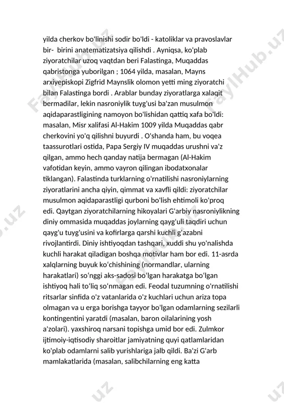 g'azabni rivojlantirdi. diniy ishtiyoqdan tashqari, xuddi shu yo'nalishda kuchli harakat qiladigan boshqa motivlar ham bor edi. 11-asrda xalqlarning buyuk koʻchishining (normandlar, ularning harakatlari) soʻnggi aks-sadosi boʻlgan harakatga boʻlgan ishtiyoq hali toʻliq soʻnmagan edi. feodal tuzumning o'rnatilishi ritsarlar sinfida o'z vatanlarida o'z kuchlari uchun ariza topa olmagan va u erga borishga tayyor bo'lgan odamlarning sezilarli kontingentini yaratdi (masalan, baron oilalarining yosh a'zolari). yaxshiroq narsani topishga umid bor edi. zulmkor ijtimoiy-iqtisodiy sharoitlar jamiyatning quyi qatlamlaridan ko'plab odamlarni salib yurishlariga jalb qildi. ba'zi g'arb mamlakatlarida (masalan, salibchilarning eng katta kontingentini bergan frantsiyada) xi asrda bir qator tabiiy ofatlar: suv toshqinlari, ekinlarning etishmasligi, epidemik kasalliklar (bular) tufayli aholining ahvoli yanada chidab bo'lmas bo'ldi. italiyaning boy savdo shaharlari sharqda xristianlarning paydo bo'lishidan sezilarli sezilarli kontingentini yaratdi (masalan, baron oilalarining yosh a'zolari). yaxshiroq narsani topishga umid bor edi. zulmkor ijtimoiy-iqtisodiy sharoitlar jamiyatning quyi qatlamlaridan ko'plab odamlarni salib yurishlariga jalb qildi. ba'zi g'arb mamlakatlarida (masalan, salibchilarning eng …