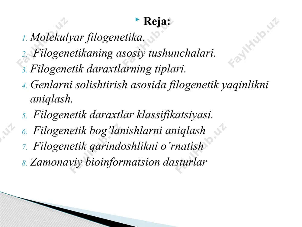 elgilarning dastlabki umumiy formadan raduis boʻylab har tomonga tarqalish xarakteriga ega. oʻsimlik va hayvonlar filogenezi shajara daraxtini chizish yordamida tasvirlab beriladi. shajara daraxti oʻsimlik va hayvonlarning umumiy bir ildizdan kelib chiqqanligi; turli xil formalar yerdagi hayot tarixining har xil davrlarda shoxlanish orqali asta-sekin taraqqiy etganligini aks ettiradi. organizmlar filogenetik qayta tuzilishlarining adaptiv xarakterini belgilovchi asosiy kuch tabiiy tanlanish hisoblanadi. filogenetik shajara barcha oʻzgarishlarning birlamchi negizida divergensiya va filetik evolyutsiya, soʻng esa parallelizm va konvergensiya yotadi. organizm har xil guruhlarining filogenezi bir xilda oʻrganilmagan, bu qazilma qoldiklarning har xil darajada saqlanganligi va mazkur guruxlarning qanchalik qadimiyligi bilan bogʻliq. umurtqali hayvonlar (ayniqsa, yuksak guruhlari) va yuksak oʻsimliklar filogenezi, umurtqasiz hayvonlardan esa mollyuskalar, ignaterililar, boʻgʻimoyoqlilar filogenezi nisbatan yaxshi, prokariotlar va tuban oʻsimliklar filogenezi kamroq oʻrganilgan. filogenetik daraxt organizmlar oʻrtasidagi evolyutsion aloqalarni ifodalovchi diagrammadir. filogenetik daraxtlar aniq faktlar emas, balki farazlardir. filogenetik daraxtdagi shoxlanish qonuniyati turlar yoki boshqa guruhlarning umumiy ajdoddan qanday kelib chiqqanligini …