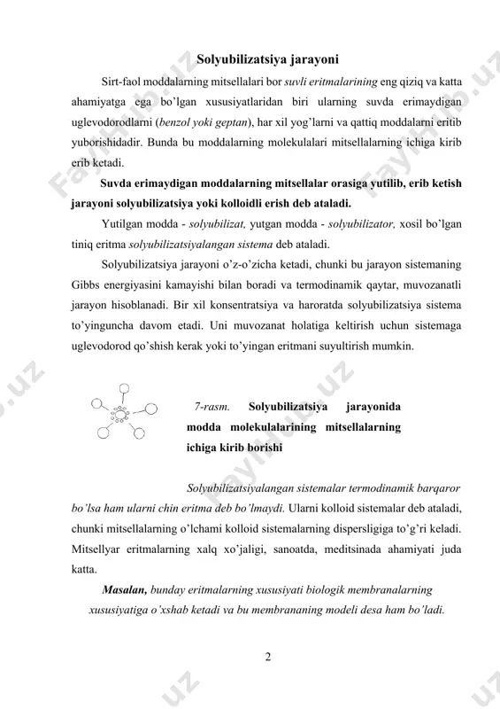 a, oldingi boblarda aytib o’tganimizdek, teskari mitsellalar qutbli zaryadga ega bo’lgan kirlarni o’ziga solyubilizatsiya qiladi, to’g’ri mitsellyarlar esa yog’dan (uglevodorodlardan) hosil bo’lgan kirlarni yutadi. kir yuvish jarayoni mana shu prinsipga asoslangan. farmatsiyada esa solyubilizatsiya yordamida suvda erimaydigan moddalardan suvda eriydigan moddalar olishda foydalaniladi. shu yo’l bilan vitamin a va e - lar olingan. mikrogeterogen dispers sistemalar kolloid sistemalar dispersligiga, agregat holatiga, dispers muhitning tabiatiga va fazalar ta’siriga qarab sinflarga bo’linadi. shundan dispers faza zarrachalarining o’lchami 100 nm dan katta bo’lgan sistemalar – dag’al dispers sistemalar deyiladi. dispers muhitning agregat holatiga qarab dag’al dispers sistemalar bir necha xil bo’ladi: · suyuq dispers muhitdan iborat sistemalar. ular suspenziya, emulsiya va ko’piklar misol bo’ladi; · dispers muhiti gaz yoki havodan iborat sistemalar. bularga aerozollar va kukunlar (aralashmalar) kiradi. bunday dispers sistemalarning dispers fazasi zarrachalari o’lchamini oddiy mikroskopda ko’rish mumkin va ular mikrogeterogen sistemalar deyiladi. mikrogeterogen sistemalarning zarrachalari nisbatan tez cho’kishi mumkin. ular ko’pincha …
