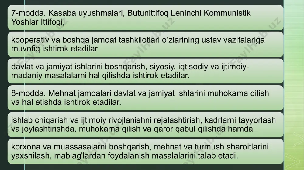 i. sssr qurolli kuchlarining xalq oldidagi burchi sotsialistik vatanni ishonchli himoya qilish, har qanday tajovuzkorga zudlik bilan javob berishni kafolatlaydigan doimiy jangovar tayyorgarlikni amalga oshiradi. 30-modda. o‘zbekiston respublikasi mamlakat xavfsizligi va mudofaa qobiliyatini ta’minlashda ishtirok etadi, sssr qurolli kuchlarini barcha zarur narsalar bilan jihozlashni ta’minlaydi. mamlakat xavfsizligini ta'minlash va uning mudofaa qobiliyatini mustahkamlash ittifoq qonunchiligi bilan belgilanadi ii. davlat va shaxsiyat 5-bob o‘zbekiston respublikasi fuqarorasi. fuqarolarning tengligi z 31-modda. sssrda belgilangan yagona ittifoq fuqaroligiga muvofiq har bir fuqaro o‘zbekiston respublikasi sssr fuqarosi hisoblanadi. sovet fuqaroligini olish va yo'qotish asoslari va tartibi fuqarolik to'g'risidagi qonun bilan belgilanadi 32-modda.o‘zbekiston respublikasining fuqarolari, kelib chiqishidan qat’i nazar, qonun oldida tengdirlar. ijtimoiy va mulkiy holati, irqi va millati, jinsi, ma'lumoti, tili, dinga munosabat, mashg'ulot turi va xususiyati, yashash joyi va boshqa holatlardan qat’iy nazar tengdirlar; 33-modda. o'zbekiston respublikasida ayollar va erkaklar teng huquqlarga ega. ushbu huquqlarning amalga oshirilishi ayollarga erkaklar bilan teng imkoniyatlarni ta'minlash orqali …