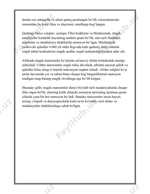 amalga oshirilgan. ishonishadiki, bu singari marosimlar tabiat bilan uyg‘unlikda yashash, muqaddaslikka erishish, inson hayotini yanada mazmunli qilish, tabiat hodisalarini anglash kabi chuqur maqsadlarni o‘z ichiga oladi. ushbu marosimlar tomonidan nafaqat diniy va e'tiqodiy ehtiyojlar qondirilgan, balki ular kishilarning jamiyatdagi o‘rnini, ularning axloqiy-me'yoriy kurashlarini ham ifodalaydi. bu esa o‘z navbatida xalqning ruhiy va madaniy hayotida sezilarli iz qoldiradi. bu magik marosimlar o‘zbekiston xalqining madaniy merosining ajralmas qismi sifatida muntazam ravishda o‘rganilib, tadqiq etilib kelinmoqda. har bir viloyat, har bir xalq guruhining o‘ziga xos marosimlari mavjud bo‘lib, ular xalqning boy tarixiy va madaniy xotirasi haqida ko‘plab ma'lumotlarni saqlab qolishga yordam beradi. 3. marosimlarda ishlatiladigan magik diniy atributlar marosimlarda ishlatiladigan magik diniy atributlar ko'plab madaniyatlar va dinlarda muhim o'rin tutadi. ular turli marosimlarni o'tkazishda qo'llaniladi va ko'pincha diniy, ruhiy hamda madaniy ahamiyatga ega. quyida turli madaniyatlarda ishlatiladigan ba'zi diniy atributlarning umumiy ma'lumotlari keltiriladi. 1. **budda dinida ishlatiladigan atributlar:** - **lotus guli:** budda dinida …