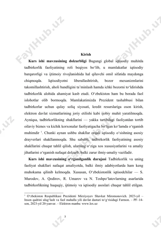 ahamiyatga ega. nazariy jihatdan, bu mavzu orqali bozor iqtisodiyoti sharoitida tadbirkorlikning o‘rni, uning ijtimoiy-iqtisodiy funksiyalari, huquqiy asoslari va mulkchilik shakllari haqida chuqur ilmiy bilimga ega bo‘lish mumkin. ayniqsa, yakka tartibdagi tadbirkorlik, oilaviy biznes, kichik biznes va xususiy korxonalarning o‘zaro farqlari va umumiy xususiyatlarini tahlil qilish iqtisodiy nazariyalarni to‘g‘ri tushunishda muhim asos bo‘lib xizmat qiladi. amaliy nuqtai nazardan esa, mazkur kurs ishi tadbirkorlar, iqtisodchilar va soha mutaxassislari uchun foydali qo‘llanma bo‘lishi mumkin. unda keltirilgan taklif va tahlillar real iqtisodiy jarayonlarga asoslangan bo‘lib, o‘zbekistonda tadbirkorlik shakllarini takomillashtirishda amaliy vosita sifatida qo‘llanilishi mumkin. shu bilan birga, ushbu ish bo‘lajak iqtisodchi-mutaxassislar uchun mustahkam nazariy poydevor yaratib, ularni tadbirkorlik faoliyati bilan bog‘liq masalalarni tizimli tahlil qilishga yo‘naltiradi. umuman olganda, kurs ishining nazariy va amaliy ahamiyati hozirgi zamon iqtisodiyotini to‘g‘ri anglash va uni rivojlantirish strategiyalarini ishlab chiqishda katta salohiyatga ega. kurs ishi mavzusining obyekti — o‘zbekistonda tadbirkorlik faoliyatining shakllari va ularning amalda qo‘llanilishiga doir iqtisodiy munosabatlardir. …