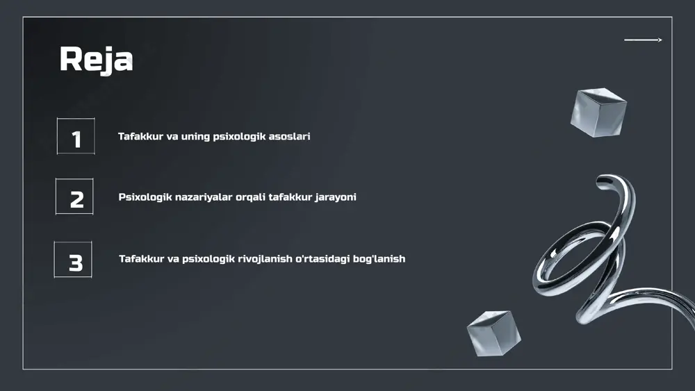 jlantirishga yordam beradi, natijada u yanada moslashuvchan va kreativ bo'ladi. tafakkur va o'zgarishlar o'rtasidagi munosabat tafakkur va o'zgarishlar o'rtasidagi munosabat, insonning qobiliyatlari va imkoniyatlari bilan bog'liq. o'zgarishlar shaxsning fikrlarini kengaytirib, yangi g'oyalar va qarorlarni qabul qilishga olib keladi. tafakkur jarayoni va ta'siri tafakkur jarayoni tafakkur jarayoni odamning muammolarni hal qilish, qarorlar qabul qilish va kreativ fikrlash qobiliyatini rivojlantirishga yordam beradi. bunda analitik tafakkur, ijodiy tafakkur va tanqidiy tafakkur asosiy o‘rin tutadi. shaxsiy va ijtimoiy rivojlanish tafakkur jarayonlari shaxsning o‘z-o‘zini anglashiga, maqsadlariga erishishiga va ijtimoiy aloqalarini yaxshilashiga yordam beradi. masalan, ijodiy fikrlash orqali yangi g‘oyalar paydo bo‘ladi va ijtimoiy muammolarni hal etishda innovatsion yondashuvlar qo‘llaniladi. tafakkurning ijtimoiy ta'siri tafakkur jarayonlari jamiyatning ijtimoiy o‘zgarishlariga ta'sir ko‘rsatadi. misol uchun, ijtimoiy adolatni ta’minlashga intilayotgan fikrlar va harakatlar, jamiyatda o‘zgarishlar va taraqqiyotga olib keladi. kelajakdagi istiqbollar kelajakda tafakkur jarayonlarining rivojlanishi yangi psixologik tendensiyalarni keltirib chiqarishi mumkin. innovatsion fikrlash va muammolarni hal qilish metodlari, shaxsiy va …