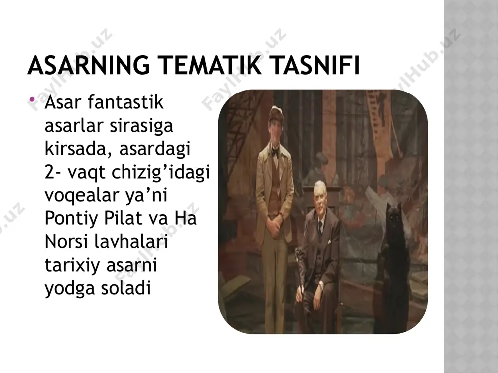 adiiy asar kompozitsiyasi lirik chekinish: asarda adib tomonidan o’z pozitsiyasini kitobxonga yanada aniqqroq qilib tasvirlanishi holatlari ko’pincha biz allaqachon shavqatsiz va qahri qattiq deb o’ylaydigan pontiy pilat va uning o’ylari va mushohadalari to’g’risidagi satrlar orqali chiqarib berilgan bo’lsa ajab emas. chunki asar boshida kitobxonda nafrat uyg’otgan bu personaj asar songida o’quvchida achinish tuyg’usiga sabab bo’ladi. asarning yana bir qiziq jihati shundaki asarda adib tomonidan aniq bir joyda asar voqealaridan uzoqlashgan holda o’z fikrini bayon etish holllari kam uchraydi, ammo shunga qaramasdan kitobxonda asardagi shayton va uning yordamchilariga nisbatan kitobxonda tabiiy ravishda nafrat uyg’onmaydi badiiy asar kompozitsiyasi badiiy qoliplash: asardagi har ikkala voqealar ham bir yakun bilan tugaydi, boshqacha qilib aytganda ikki xil zamon va makoda boshlangan voqealar yechimi bir nuqtada kesishadi asar annotatsiyasi asarning 2008 yilgi nashrida asarga konstantin simonov tomonidan 1966 yilda yozilgan va “zvezda” jurnalida chop etilgan maqolasi annotatsiya sifatida olingan bo’lib, unda asarning 20 asrning eng buyuk …