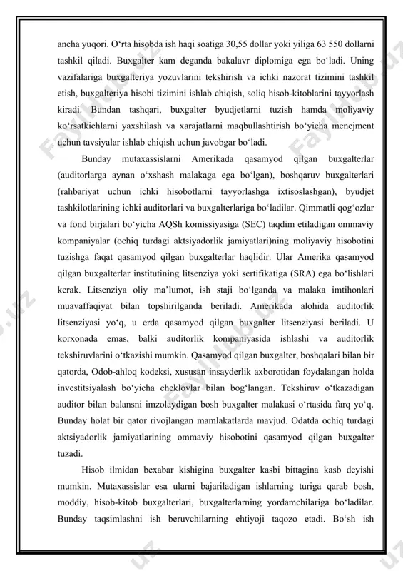 or bilan balansni imzolaydigan bosh buxgalter malakasi o‘rtasida farq yo‘q. bunday holat bir qator rivojlangan mamlakatlarda mavjud. odatda ochiq turdagi aktsiyadorlik jamiyatlarining ommaviy hisobotini qasamyod qilgan buxgalter tuzadi. hisob ilmidan bexabar kishigina buxgalter kasbi bittagina kasb deyishi mumkin. mutaxassislar esa ularni bajariladigan ishlarning turiga qarab bosh, moddiy, hisob-kitob buxgalterlari, buxgalterlarning yordamchilariga bo‘ladilar. bunday taqsimlashni ish beruvchilarning ehtiyoji taqozo etadi. bo‘sh ish o‘rinlarining ko‘pchiligi «bosh buxgalter» lavozimiga, eng oz talab esa «moddiy buxgalter» lavozimiga to‘g‘ri keladi. yordamchilar va hisob-kitob buxgalterlari uchun ham ko‘p ish taklif etiladi. bo‘sh ish o‘rinlariga talabgorni qidirish vaqtiga kelsak, bosh va moddiy buxgalterlarni yollash e’lonlari «faol» holatda bo‘ladi. ushbu lavozimlarga ish tajribasiga ega bo‘lgan mutaxassislar izlanadi, ularga katta talablar qo‘yiladi. ish beruvchilar yaxshi ta’lim olmagan buxgalteriya hisobi mutaxassisi qanchalik xavfli ekanligini yaxshi biladilar. avvalo noto‘g‘ri hisob soliq qonunchiligi talablari buzilishiga, buning oqibatida, birinchi navbatda rahbar javobgar bo‘lishiga olib keladi. ayni shu sababli birinchi o‘rinda buxgalterning tajribasi bor-yo‘qligi …