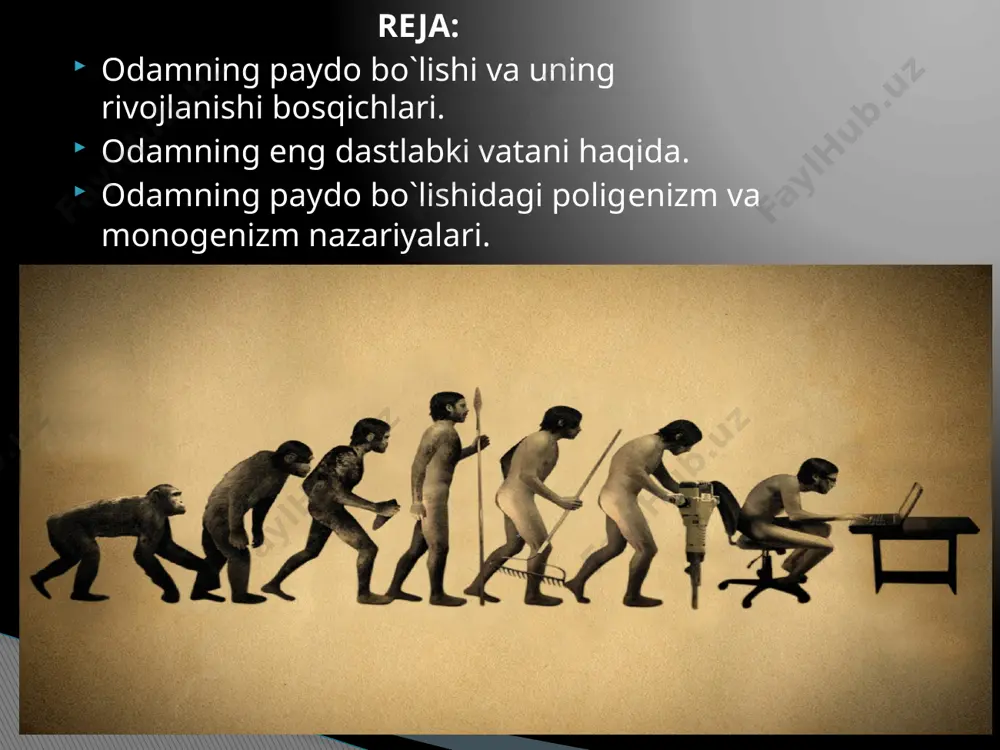xviii asrdan boshlab olimlar bu masalaga jiddiy e`tibor byera boshladilar. bu sohada mashxur ingliz olimi, tabiatshunosi charliz darvinning xizmatlari alohida ahamiyatga egadir. ch. darvin o`zining «tabiiy tanlanish, yo`li bilan turlarning paydo bo`lishi (1859),» «odamning paydo bo`lishi va jinsiy tanlanish»,-dеgan asarlarida o`zigacha to`plangan va o`zi yiqqan matyeriallarga asoslanib o`simliklar va hayvonlarning eng oddiy turlaridan rivojlanib, oliy turlarga еtganligini isbot qilib berdi. ch. darvin odamning hayvonot olamidan kеlib chiqqanini isbot qilib byerar ekan, u odamning paydo bo`lishida tabiiy tanlanishning ahamiyatiga ortiqcha baho byerib yuborib, eng muhim sotsial sabab bo`lgan mеhnatning olamshumul ahamiyatini payqamadi.. lеkin ch. darvin o`z asarlarini yozayotgan davrda uchlamchi davrning odamsimon maymunlari bilan undan ko`p million yillar kеyin kеlib chiqqan hozirgi zamon odamini bir-biri bilan yuohlovchi topilgan emas edi. lеkin ko`p yillar davomida olib borilgan gеologik, palеontologik va arxеologik tadqiqot ishlari oraliqdagi bu uzilishni bir darajada to`ldirdi. odamning ham, gorilla va shimponzеlarning yaqin umumiy ajdodi hisoblangan odamsimon qazilma maymunlar driopitеklar …