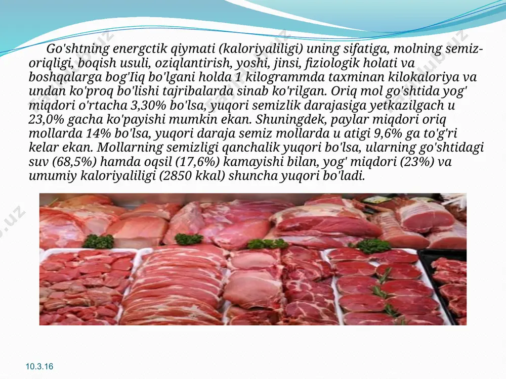 at tuzining eritmasi, 5% li o'yuvchi natriy (naoh)ning eritmasi, antiseptol (tarkibtda 25% xlor bo'lgan xlorli ohakdan 2,5 kg, 35 kg kalsiylangan soda va 100 / suv aralashmasi) ishlatiladi. taniqli olim, prof. m.danilov bu borada ko'plab kuzatishlar olib borgan va uning fikriga ko'ra kameralarni buv-15 va buv-30 rusumli lampalar bilan zararsizlantirish ma'qul deb hisoblanadi. 4.kolbasa va kolbasa mahsulotlari ishlab chiqarish texnologiyasi. kolbasa tayyorlash birmuncha murakkab bo'lgani holda, u, asosan, pishgan, pishirib dudlangan, xom dudlangan guruhlardan iborat. kolbasa uchun hayvonning yumshoq va yarimyumshoq go'shtidan foydalaniladi. turli qattiqlikdagi go'shtlar maydalanadi va qiyma holiga keltiriladi. unga yog', un va har xil ziravorlar qo'shiladi. kolbasa tayyorlashda xomashyo uchun go'sht, xom yog', qon, ichak-chavoqlar, har xil ziravorlar (qalampir, sarimsoq piyoz, qon, kardamon, koritsa va h.k.), osh tuzi, nitritlar ishlatiladi. kolbasa tayyorlashda ketma-ket amalga oshiriladigan texnologik jarayonlarga alohida e'tibor beriladi. go'sht lahmlanganda, asosan, 3 xil nav ajratiladi: 1-nav go'shtlar-orqa va son go'shtlaridan olinadi va yuqori navli kolbasalar …