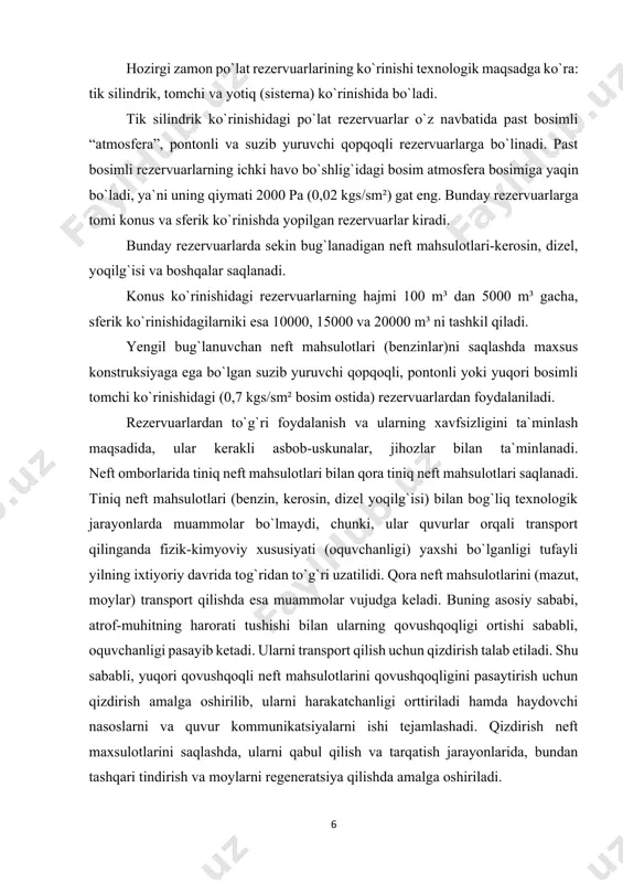 tning harorati tushishi bilan ularning qovushqoqligi ortishi sababli, oquvchanligi pasayib ketadi. ularni transport qilish uchun qizdirish talab etiladi. shu sababli, yuqori qovushqoqli neft mahsulotlarini qovushqoqligini pasaytirish uchun qizdirish amalga oshirilib, ularni harakatchanligi orttiriladi hamda haydovchi nasoslarni va quvur kommunikatsiyalarni ishi tejamlashadi. qizdirish neft maxsulotlarini saqlashda, ularni qabul qilish va tarqatish jarayonlarida, bundan tashqari tindirish va moylarni regeneratsiya qilishda amalga oshiriladi. isitilgan yuqori qovushqoqli va yuqori qotuvchan neft v neft maxsulotlarini haydashda porshenli va markazdan qochma nosolardan foydalaniladi. yuqori haroratdagi neft va neft maxsulotlarining qovushqoqligi kam bo`lishini hisobga olib, maxsulotlarni haydashda asosan markazdan qochma nosolardan foydalaniladi va ular ketma-ket o`rnatiladi. ular bug` turbinalari yoki elektradvigatellar yordamida xarakatga keltiriladi. qizdirish uchun har xil isiqlik uzatuvchilar qo`llaniladi. ularga suv bug`i, issiq suv, issiq neft maxsulotlar va gazlar, bundan tashqari, elektr energiya kiradi. eng ko`p qo`llaniladigan usul suv bug`i hisoblanib, u yuqori issiqlik miqdoriga va issiqlik berish, yengil uzatuvchan hamda ko`p hollarda yong`in xavfsizligi …
