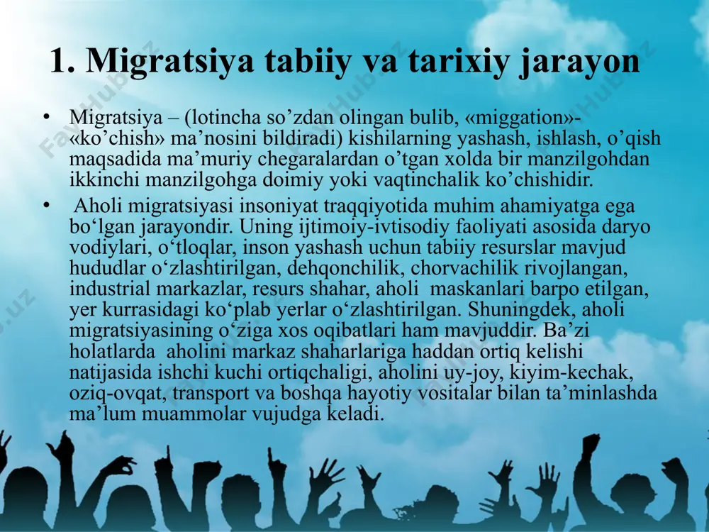 ng boshlarida yevropaning shimoliy harbiy hududlarida qora dengiz sohillariga got qabilalarining migratsiyasi, ural orti hududlaridan gun qabilasining yevropaga kelishi, shuningdek yevropadan shimoliy afrikaga bir qancha qabilalarning migratsiyasi (3-4 asr), italiya va bolqon yarim oroliga langobard qabilalarining joylashuvi (6-7 asrlar), arablar yurishi davridagi aholi migratsiyalari (7-11 asrlar) xalqlarning buyuk ko‘chishi jarayoniga kiradi. keyingi davrlarda aholining ommaviy migratsiyasi bir muncha sekinlashdi. faqat ocharchilik, turli epidemiyalar tarqalgan hududlardan aholining ko‘chib ketishi kuzatilgan. buyuk geografik kashfiyotlar davrida yer kurrasida aholining migratsion harakati yana tezlashdi. g‘arbiy yevropa mamlakatlarida tashqi migratsiya kuchayadi. portugaliya, ispaniya, angliya, fransiya, gollandiya va irlandiyadan migratsion oqim shimoliy amerikaga tomon yo‘naldi. 19 asrga kelib sayyoramiz aholisining migratsion harakati yana ham tezlashdi. asr boshlarida immigrantlar markazi buyuk britaniya, keyinchalik esa aqsh, yangi zellandiya, avstraliya va lotin amerikasi hisoblangan. 19 asrning boshidan 1914 yilga qadar yevropadan ketgan emigrantlar soni 50 millionga yetgan. 1939-1945 yildagi ikkinchi jahon urushi yevropa, osiyo hududlarida ommaviy aholi migratsiyasiga sabab …
