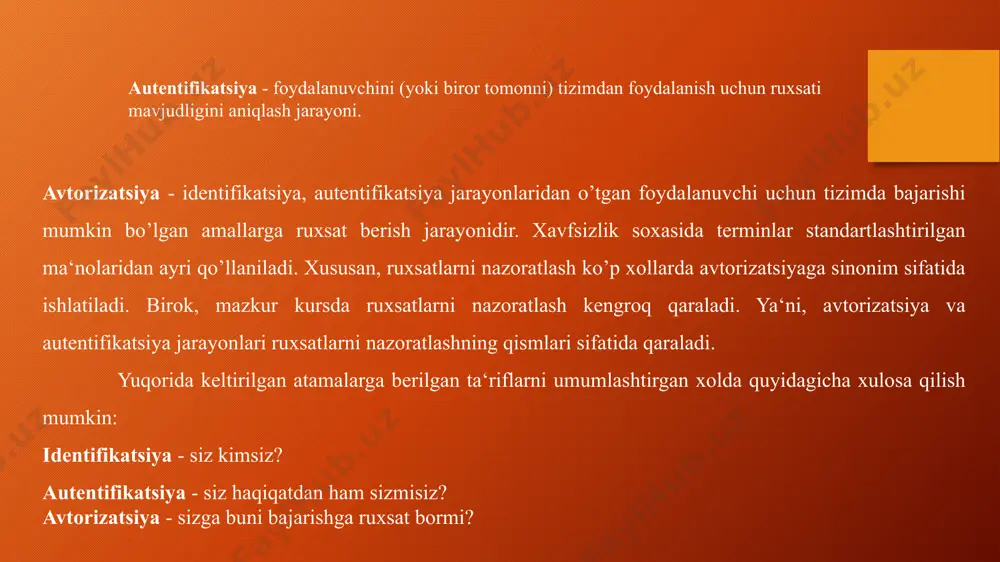 trga asoslangan autentifikatsiyani amalga oshirish parolga asoslangan usuldan qimmat va tokenga asoslangan usuldan arzon hisoblanadi (ba‘zi, istisno xolatlar mavjud); biometrik parmetrni almashtirish imkoniyati mavjud emas, ya‘ni, agar biometrik parametr qalbakilashtirilsa, u xolda autentifikatsiya tizimi shu foydalanuvchi uchun to’liq buzilgan hisoblanadi; turli biometrik parametrlarga asoslangan autentifikatsiya usullari insonlar tomonidan turli darajada qabul qilinadi. autentifikatsiya soxasida foydalanish uchun ideal biometrik parametr quyidagilarni qanoatlantirishi shart: universal bo’lishi - biometrik parametr barcha foydalanuvchilarda bo’lishi shart; farqli bo’lish - tanlangan biometrik parametr barcha insonlar uchun farq qilishi shart; o’zglik - tanlangan biometrik parametr vaqt o’tishi bilan o’zgarmayarmas qolishi shart; to’planuvchanlik - fizik xususiyat osonlik bilan to’planuvchi bo’lishi shart. amalda fizik xususiyatni to’planuvchanligi, insonning jarayonga e‘tibor berishiga ham bog’lik bo’ladi. image1.jpeg image13.jpeg image4.png image14.png image15.png image16.png image17.png image2.png image5.png /docprops/thumbnail.jpeg