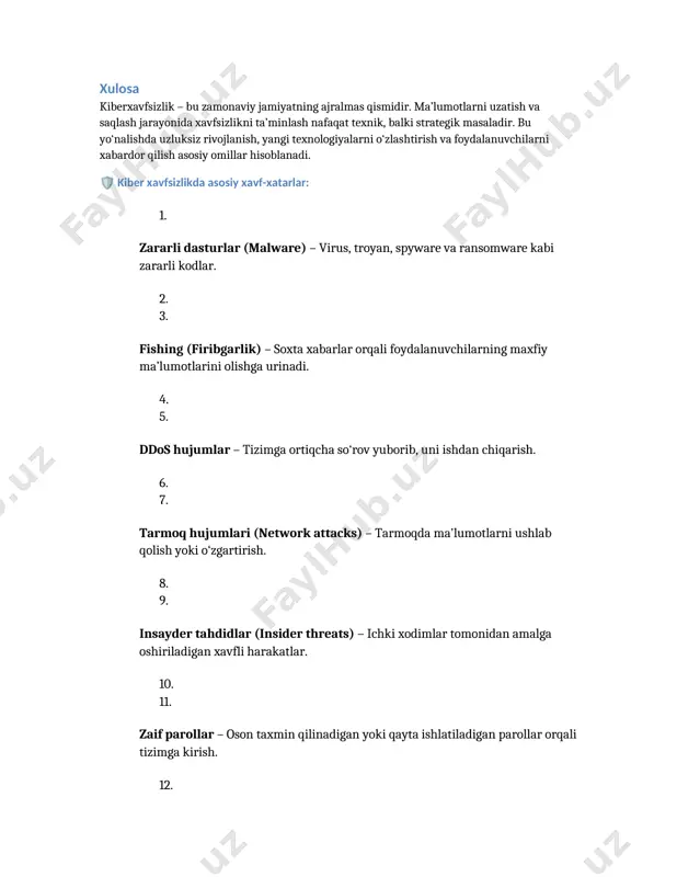 . 8. ma’lumotlar yo‘qolsa yoki buzilsa, tiklash imkonini beradi. 8. 9. kadrlar bilan ishlash: 10. 8. xodimlar axborot xavfsizligi qoidalari bo‘yicha muntazam o‘qitiladi. 8. ⚠️ tahdidlar (xavf-xatarlar): · xakerlik (xususan, boshqa davlatlar tomonidan) · · ichki xiyonat (masalan, maxfiy hujjatni ruxsatsiz tarqatish) · · axborot oqib ketishi (data leak) · · texnik nosozliklar (serverlar buzilishi yoki nosozligi) · 12. /docprops/thumbnail.wmf o ‘ zbekiston respublikasi oliy ta'lim, fan va innovatsiyalar vazirligi _ renessans talim universiteti axborot xavsizligi fakulteti 70 c guruh oraliq nazorat ishi referat i mavzu: kiberxavfsizlik: ma ’ lumotlar uzatmasini himoya qilish va saqlash bajardi: __ xolboyev nodirbek fan : akademik yozuv toshkent – 2025