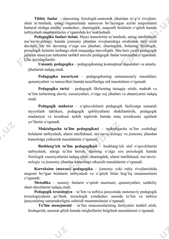 ana shu nuqtai nazardan pedagogika bilan quyidagi fanlar o‘rtasida yaqin aloqadorlik mavjud: falsafa – shaxs rivojlanishi jarayonining dialektik xususiyatlari, muayyan pedagogik g‘oya, qarash hamda ta’lim otlarning falsafiy jihatlari kabi masalalarni tahlil etishga imkon beradi. etika – shaxs ma’naviyatini shakllantirish, unda eng oliy insoniy sifatlar, axloqiy ong va ma’naviy-axloqiy madaniyatni tarbiyalashda muhim o‘rin tutuvchi nazariy g‘oyalarni pedagogik jarayonga tatbiq etishda alohida o‘rin tutadi. estetika – shaxs tomonidan go‘zallikning idrok etilishi, uni yaratishga intilishi, shuningdek, estetik didni tarbiyalashda muhim yo‘nalishlarni aniqlashga xizmat qiladi. iqtisod – ta’lim muassasalarining faoliyatini yo‘lga qo‘yish, o‘quv binolarini qurish, ta’lim -tarbiya jarayonlarini tashkil etish va ularning moddiy-texnika va zamonaviy texnologiyalar bilan jihozlash kabi masalalarning iqtisodiy jihatlarini anglashga xizmat qiladi. sotsiologiya – ijtimoiy munosabatlar mazmuni, ularni tashkil etish shartlari xususida ma’lumotlarga ega bo‘lish asosida ta’lim -tarbiya jarayoni ishtirokchilarining o‘zaro munosabatlarini samarali tashkil etish uchun imkoniyat yaratadi. fiziologiya – o‘quv-tarbiya jarayonida bolalarning fiziologik, anotomik xususiyatlarini inobatga olinishi uchun boshlang‘ich asoslarni …