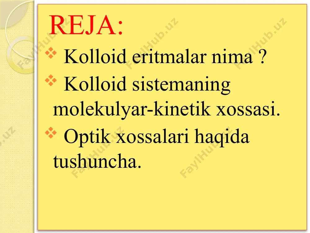 dispersion muhit zarrachalari orasidagi bogʻlanishga qarab, kolloid eritmalar liofob va liofil zollarga boʻlinadi. liofob zollarga dispers platina, kumush, oltingugurt zollari misol boʻla oladi. liofil zollarda esa bu bogʻlanish kuchli boʻladi, ularga oqsil, jelatina, pepsin va yuqori molekulyar moddalarning eritmalari kiradi. kolloid eritmalar sanoat, qishloq xoʻjaligi va tibbiyotda muhim rol oʻynaydi. barcha tirik organizmlar toʻqimalari va hujayralarining asosini tashkil etuvchi oqsil, nuklein kislotalar, kraxmal, glikogen kabi moddalar kolloid eritmalar holida uchraydi. tuproqning unumdorligi uning kolloid eritmalar xrlidagi qismining fizik-kimyoviy xossalariga, sement, chinni, keramika, sir va boʻyoqlar sifati ularning disperelik darajasi hamda kolloid eritmalarning xossalariga bogʻliq. kolloid eritmalar charm, qogʻoz, gazlama, sunʼiy ipak, oziq-ovqat va boshqa sanoat tarmoqlarida ham keng qoʻllaniladi. kolloid eritmalarning molekulyar kinetik xossalari kolloid sistemalarning molekulyar kinetik xossalaridan eng muҳimlari qatoriga kolloid zarrachalarning diffuziyalanishi, broun xarakati, kolloid eritmalarning osmotik bosimi va sedimentastiya xossalari kiradi. broun xarakati. 1827 yilda ingliz botanigi broun suvga solingan o’simlik bargini mikroskop orqali tekshirib unda …