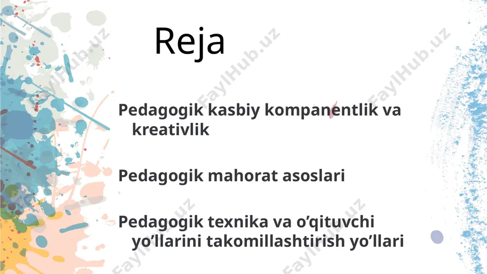 hlari va uslublari. 6. o‘qituvchining nutq texnikasi va madaniyati. 7. kommunikativ ta’sir ko‘rsatish. 8. pedagogik deontologiya. o‘qituvchi professiogrammasi. 7 9. chet tili o‘qituvchisining professiogrammasi. 10. pedagogik kompetentlik tushunchasi. 11. pedagogik kompetentsiya va uning komponentlari. 12. kasbiy kompetentlik va uning sifatlari. 13. pedagogning o‘z ustida ishlashi. 14. “kreativlik” va “pedagogik kreativlik” tushunchalari. 15. kreativlik sifatlari. 16. shaxs kreativligini ifodalovchi xususiyatlar. 17. bulajak o‘qituvchilarda pedagogik kreativlikni shakllantirish. 8 . mamlakatimizda «kadrlar tayyorlash milliy dasturi»ni bosqichma-bosqich muvaffaqiyatli amalga oshirish ko`p jihatdan o`qituvchi faoliyatiga, uning kasbiy nufuzini oshirishga bog’liqdir. shunday ekan, sog’lom, har tomonlama barkamol avlodni yetishtirish uzluksiz ta`lim tizimida mehnat qilayotgan pedagogning saviyasiga, tayyorgarligiga va fidoyiligiga, yosh avlodni o`qitish va tarbiyalash ishiga bo`lgan munosabatiga bog’liqdir. 9 o`qituvchi mustaqillik g’oyasiga e`tiqodli, har tomonlama rivojlangan, ilmiy tafakkuri, kasbiga tegishli ma`lumoti bor ya`ni o`z fanining chuqur bilimdoni, pedagogik muloqot ustasi, pedagogik-psixologik va uslubiy bilim va malakalarni egallagan bo`lishi hamda turli pedagogik vaziyatlarni tezda aniqlay bilishi, o`rganishi …