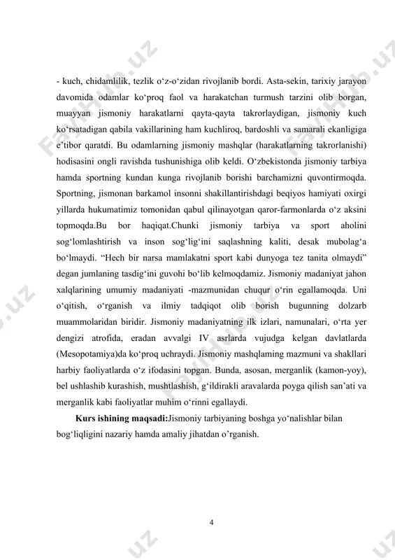 n-yoy), bel ushlashib kurashish, mushtlashish, g‘ildirakli aravalarda poyga qilish san’ati va merganlik kabi faoliyatlar muhim o‘rinni egallaydi. kurs ishining maqsadi:jismoniy tarbiyaning boshga yo‘nalishlar bilan bog‘liqligini nazariy hamda amaliy jihatdan o’rganish. kurs ishining vazifasi: jismoniy tarbiyaning boshga yo‘nalishlar bilan bog‘liqligini nazariy ahamiyati kurs ishining tashkiliy tuzilmasi:ushbu kurs ishi 2 ta bob,4 ta paragrf,xulosa hamda foydalanilgan adabiyotlardan iborat. i.bob. jismoniy tarbiyaning fan sifatida rivojolanishi. 1.1.jismoniy tarbiyaning maqsadi va vazifalari. ma'lumki, jismoniy tarbiya qadimdan mavjud bo’lib inson hayoti bilan rivojlanib kеlgan. inson jismoniy tarbiya uchun vositalarni asta-sеkin tanlab borib, hayotida jismoniy tarbiya vositalarini vujudga kеltirgan bular jismoniy mashqlar gigiеnik omillar, tarbiyaning sog’lomlashtirish kuchlari. insonning jismoniy rivojlanishiga turli harakatlar ham ta'sir etadi (mehnat, rasm solish, kiyinish va boshqalar), shartsiz rеflеks, massaj va boshqalar. ular sog’liqni mustahkamlash, organizmni har tomonlama va gormonik rivojlantirish, hayotga zarur bo’lgan harakat, ko’nikma va malakalarni oshirish jismoniy takomillashtirishuvini yuqori pog’onaga ko’tarish maqsadida foydalaniladi. lеkin, faqat majmua holda hamma jismoniy tarbiya …