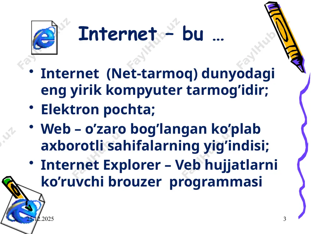 r freymga boshqa-boshqa veb sahifalarni bir paytda yuklash mumkin. … … 21.02.2023 30 21.02.2023 31 freymlar hosil qilish 21.02.2023 32 giperbog’lanishlar giperbog’lanish bu - gipermatnli hujjatdan boshqa bir hujjatga o’tish uchun yo’l ko’rsatib turadigan ko’rsatkichdir. kirish nuqtasi (qayerdan o’tiladi); o’tish nuqtasi (qayerga o’tiladi); anchore (internet dengizidagi langar) 21.02.2023 33 shu faylning biror aniq joyiga bog’lanish misol fayl kitob(zakladka) 21.02.2023 34 boshqa faylga giperbog’lanish boshqa faylning boshiga o’tish fayl1 fayl2 21.02.2023 35 boshqa faylning biror aniq joyiga bog’lanish (fayl1.htm da yoziladi) (fayl2.htm da yoziladi) fayl1 fayl2 kitob(zakladka) 21.02.2023 36 boshqa oyna orqali bog’lanish yoki misol freym2 freym1 fayl2 fayl1 rasmdan gipermurojaat misol rasm qismidan gipermurojaat ... misol 21.02.2023 39 namo web editor 5.5 21.02.2023 40 namo web editor (html-kod) 21.02.2023 41 freymlarga bo’lish 21.02.2023 42 clip art ob’yektlarini qo’yish 21.02.2023 43 animatsion ob’yektlar qo’yish 21.02.2023 44 namo gif animator image2.png image3.png image4.jpeg image5.jpeg image6.jpeg image7.jpeg image8.jpeg image9.jpeg image10.jpeg image11.jpeg image12.jpeg image13.jpeg …