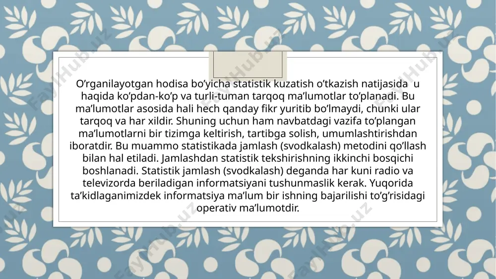 yotgan belgi bo’yicha guruhlarga ajratiladi. 3.har bir guruh va umumiy to’plam bo’yicha jamlar chiqariladi. 4.natijalar statistik jadvallarga joylashtiriladi va grafiklarda tasvirlanadi. guruhlash metodi: mohiyati, ahamiyati va turlari statistik kuzatish ma’lumotlarni qayta ishlash va tahlil qilishning keng tarqalgan metodlaridan biri guruhlashdir. statistikada guruhlash deb to’plam birliklarini eng muhim belgilari bo’yicha bir xil guruh va guruhchalarga ajratib o’rganishga aytiladi. guruhlash metodi statistikada ko’p yillardan (xviii asr) beri qo’llanib kelinmoqda. bu metodni qo’llashdan maqsad, to’plam birliklarini qanday bir bo’laklarga bo’lish emas, balki faqat shu hodisaga xos xususiyatlarni ochib berish, undagi mavjud tendentsiya va qonuniyatni baholash, miqdor o’zgarishlardan sifat o’zgarishlarga, sifat o’zgarishlardan miqdor o’zgarishlarga o’tish jarayonlarini aniqlash va baholashdir. guruhlash metodi oldida o’rganilayotgan to’plam birliklarini tiplarga ajratish, hodisalar o’rtasidagi bog’lanishlarni va to’plam tuzilishini o’rganish vazifalari ham turadi. bu vazifalar guruhlashning uch (tipologik, analitik, tuzilmaviy) turidan foydalanish orqali hal qilinadi. aholini jinsi bo’yicha guruhlarga ajratish, sinflarga bo’lish, mulkni davlat va shaxsiy mulkka bo’lish va boshqalar …