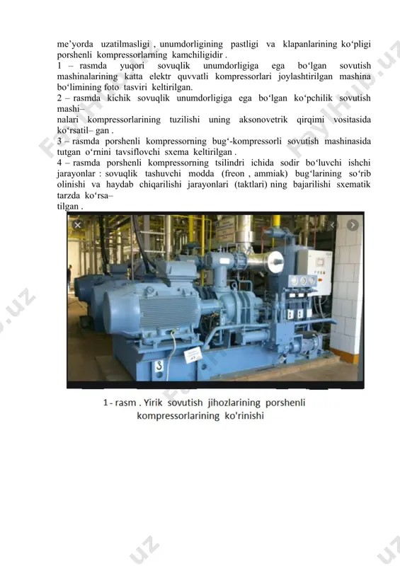 irish hamda gazlarning siqilish darajasini 0.4...0,6 mpa yetkazish uchun koʻp tsilindrli , bir va ikki tomonlama siqadigan kompressorlar ishlatiladi. bunday kompressorda gaz birinchi tsilindrdan keyingi tsilindrga oʻtgani sari bosimi koʻtarilib boradi . kompressorning porsheni umumiy bir ishchi valiga oʻrnatilgan. gazning siqilishi natijasida uning harorati bir tsilindrdan ikkinchi tsilindrga oʻtganida ortib boradi . shu sababli ikkita silindr ora– siga sovutgichlar oʻrnatiladi . porshenli kompressorlarning ishlashini tekshirib turish hamda ishchi val bir marta aylanganda gazlarning soʻrilish va uzatilish vaqtidagi bosimi bilan hajmining oʻzaro bogʻlanishini oʻrganish indikator diagrammasida qayd qilinadi. nazariy jarayonda kompressorning porsheni bir chekka holatida tsilindr qopqogʻiga taqalib kelib, qoldiq hajm hosil qilmaydi. qoldiq hajm boʻlmaganligi uchun gaz uzatilgandan soʻng , shu vaqtdayoq gaz soʻriladi. real (haqiqiy) kompressorlarda aynan oʻsha chekka holatni egallagan porshen' bilan tsilindr qopqogʻi orasida doimo muayyan hajm qoladi va u qoldiq hajm deyiladi . qoldiq hajm tsilindr hajmining 3 - 5 % ini tashkil qiladi va uning …