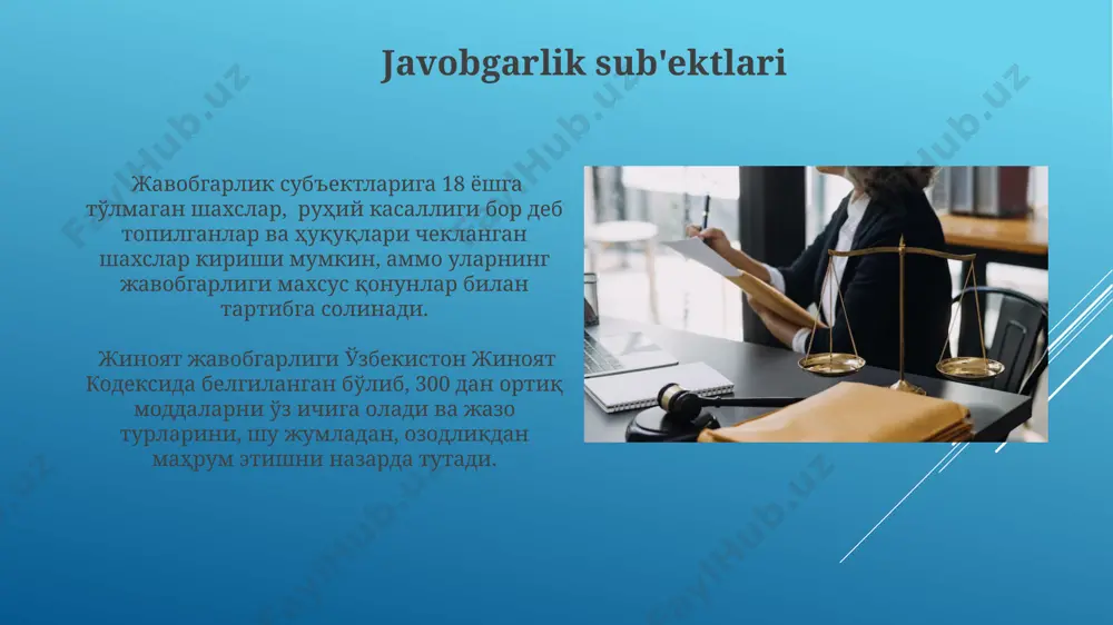 viloyatida yuz bergan holatda. fuqarolik javobgarligining 125-moddasi, o'zbekiston respublikasining fuqarolik kodeksiga asosan, moddiy zararni to'lash majburiyatini, shu jumladan 2023-yil toshkent shahrida sodir bo'lgan voqea uchun, belgilaydi. ma'muriy javobgarlik ma'muriy javobgarlik, o'zbekiston respublikasining ma'muriy javobgarlik to'g'risidagi kodeksiga (2008 yil) asosan, 18 yoshdan oshgan shaxslarga nisbatan qo'llaniladi va 100 dan ortiq ma'muriy huquqbuzarlik turlarini o'z ichiga oladi. ma'muriy javobgarlik choralarini qo'llashda, o'zbekiston respublikasi ichki ishlar organlari va sud organlari tomonidan 5 kun muddat ichida tegishli qaror qabul qilinadi va 3 kun ichida ijro etiladi. kelajakdagi istiqbollar 2040-yilga kelib, xitoyda avtonom transport vositalarining huquqiy javobgarligi masalasi bo'yicha kamida 10 ta yirik sud jarayoni bo'lishi va bu jarayonlar 1 million yuandan ortiq zararni qoplash bilan yakunlanishi taxmin qilinmoqda. evropa ittifoqi 2025-yilda shaxsiy ma'lumotlar himoyasi to'g'risidagi qonunlarni qayta ko'rib chiqib, kiberjinoyatchilik va ma'lumotlar o'g'irlanishi bilan bog'liq javobgarlikni kuchaytirishi mumkin. sud amaliyoti sud amaliyoti davomida 2023-yilda toshkent shahar sudlarida 1500 dan ortiq fuqarolik ishlari ko'rib chiqilib, …