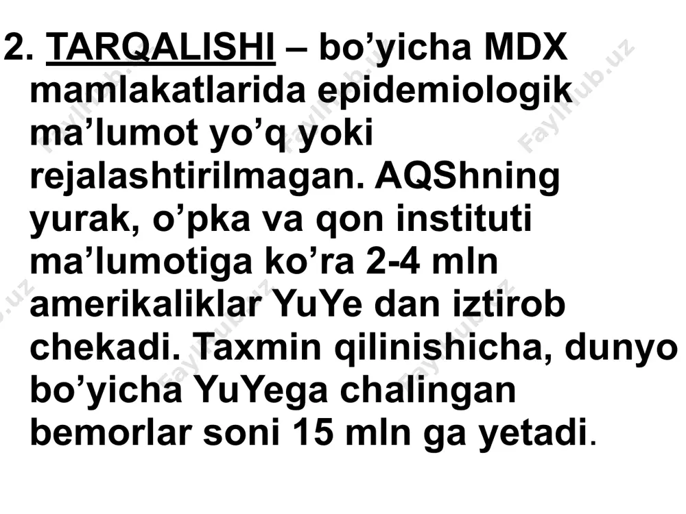 i. u yuyening klinik belgilarini fizik yuklama hajmi bilan solishtirish (qiyoslash) orqali yuzaga kelishiga asoslangan. turli guruh pasientlarining yoki biror kasalni dinamikada, hamda davo o’tkazilganda qiyoslash uchun qulaylik beradi. bunda bemorning xolati funksional sinf (klass)larga bo’linadi nyha bo’yicha tasnif: • i fs – fizik faollik chegaralanmagan: odamdagi (kundalik) fizik yuklama behollik, charchash, hansirash yoki yurak urishini chaqirmaydi (simptomsiz chap qorincha disfunksiyasi). • ii fs – fizik faollik o’rtacha chegaralangan. tinch xolatda bemorda hech qanday patologik simptomlar namoyon bo’lmaydi. insondagi fizik faollik: charchash, yurak urishi, hansirash yoki og’riqni yuzaga keltiradi nyha bo’yicha tasnif: • iii fs – fizik faollik yaqqol chegaralanadi: garchi pasient tinch xolatda o’zini yaxshi his qilsada, oz miqdordagi fizik zo’riqish yuye ning klinik belgilarini yuzaga keltiradi. • iv fs – har qanday fizik faollik diskomfort belgilarini yuzaga keltiradi: yuye belgilari tinch xolatda ham sodir bo’ladi va arzimagan kichik fizik faollikda ular kuchayadi. a. o’tkir yurak yetishmovchiligi – chap …