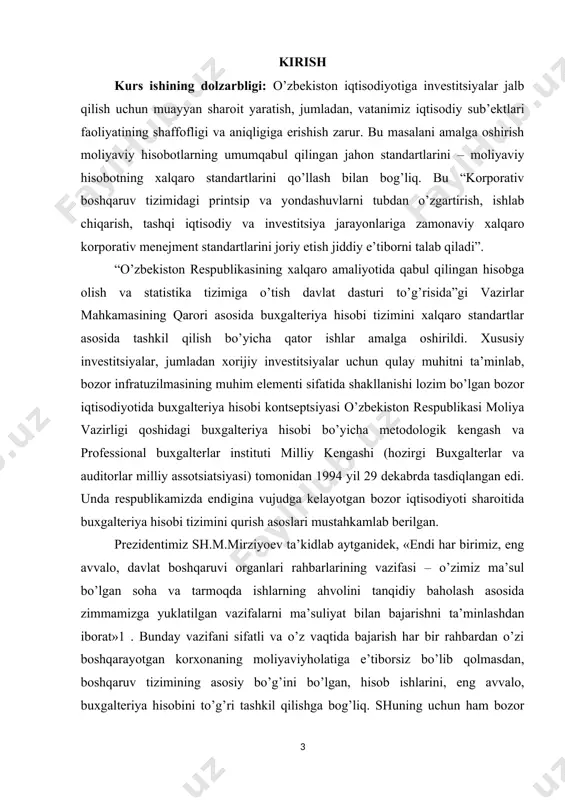 udit ixtisosligi bo’yicha malakali kadrlar tayyorlash hamda ularni o’qitishni talab qiladi. i bob. moliyaviy qo’yilmalar hisobi haqida ma’lumot 1.1. bozor iqtisodiyoti sharoitida moliyaviy qo’yilmalar tarkibi bozor munosabatlariga o’tish bo’yicha o’zbekiston respublikasida amalga oshirilayotgan iqtisodiy islohot teran va keng miqyosda davlat mulkini xususiylashtirish jarayoniga, aksioner jamiyatlari, xususiy korxonalar, qo’shma korxonalar va shunga o’xshaganlarni tashkil etishga asoslangan. bu jarayonlar quyidagi infratuzilmalar bilan chambarchas bog’langan: tijorat banklari, investitsiya va sug’urta fondlari, birjalar, moliya – sanoat guruhlari, lizing kompaniyalari, maslahat va auditorlik firmalari va sh. k. kapital bozorini rivojlantirish maqsadida o’zbekistonda fond birjalari mavjudligini alohida e’tirof etish kerak. qimmatli qog’ozlar bozorini tartibga solish tegishli normativ huquqiy bazaga asoslangan. moliyaviy qo’yilma bu korxonaning qimmatli qog’ozlarni sotib olish uchun qilgan xarajatlari, ya’ni pul mablag’larini qo’shma korxonalar, aksioner jamiyatlari, shirkatlarning asosiy vositalari, nomoddiy va boshqa aktivlariga qo’shish shuningdek boshqa korxona va tashkilotlarga qarz berish tarzida berilgan debitor qarzlardir. muddatiga qarab moliyaviy qo’yilmalar qisqa muddatli va uzoq muddatli …