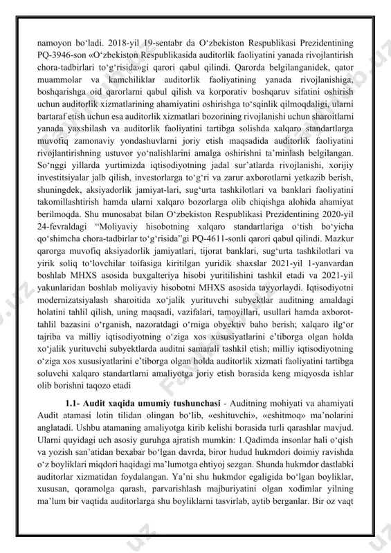 li qarashlar mavjud. ularni quyidagi uch asosiy guruhga ajratish mumkin: 1.qadimda insonlar hali o‘qish va yozish san’atidan bexabar bo‘lgan davrda, biror hudud hukmdori doimiy ravishda o‘z boyliklari miqdori haqidagi ma’lumotga ehtiyoj sezgan. shunda hukmdor dastlabki auditorlar xizmatidan foydalangan. ya’ni shu hukmdor egaligida bo‘lgan boyliklar, xususan, qoramolga qarash, parvarishlash majburiyatini olgan xodimlar yilning ma’lum bir vaqtida auditorlarga shu boyliklarni tasvirlab, aytib berganlar. bir oz vaqt o‘tgach shu auditor ushbu xodimlarni yana bir bor tinglagan va avvalgi, shuningdek, keyingi ma’lumotlar o‘rtasida qanday farq borligi yoki bunday farqlar yo‘qligi to‘g‘risida hukmdorga hisobot bergan.1 2. ikkinchi qarashga asosan, o‘rta asrlar davrida, g‘arb mamlakatlarida davlat moliya idorasi keng jamoatchilik oldida yillik yakuniy moliyaviy axborotlarni o‘qib eshittirgan. ushbu eshittirish orqali jamoatchilik, to‘lanayotgan soliqlar to‘g‘ri maqsadlar yo‘lida, isrofgarchiliklarga yo‘l qo‘yilmagan holda ishlatilinayotganiga ishonch hosil qilgan. bu jarayonda auditor, ya’ni «tinglovchi» vazifasini jamoatchilik o‘tagan.2 3. uchinchi qarash shundan iboratki, g‘arb mamlakatlari diniy bilim muassasalari, ya’ni monastirlarda ta’lim berayotgan …