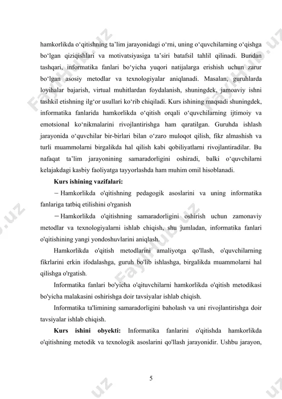arning emotsional intellektini rivojlantirishni o'z ichiga oladi. kurs ishida, hamkorlikda o'qitishning o'quvchilarning bilim olish jarayoniga qanday ta'sir qilishini o'rganish, shuningdek, o'qituvchilarning pedagogik uslublarini yangilash zarurligi tahlil qilinadi. kurs ishining metadologik asosi: kurs ishi, pedagogika, informatika ta'limi, metodika va innovatsion ta'lim texnologiyalariga asoslanadi. hamkorlikda o'qitish usullari pedagogik tamoyillarga, ya'ni o'quvchilarning mustaqil fikrlash va ijtimoiy ko'nikmalarini rivojlantirishga, samarali ta'lim jarayonini tashkil etishga qaratilgan. tadqiqotda guruhda ishlash, loyiha asosida ishlash, innovatsion ta'lim texnologiyalaridan foydalanish metodlari keltiriladi. kurs ishining amaliy ahamiyati: kurs ishi natijalari informatika fanlarini o'qitishda hamkorlikda o'qitishning samaradorligini oshirishga xizmat qiladi. ushbu ish asosida o'qituvchilarni hamkorlikda o'qitish metodologiyasi bo'yicha malakasini oshirish, o'quvchilarga samarali ta'lim berish va informatika fanlari bo'yicha ta'lim sifatini oshirish bo'yicha ilmiy tavsiyalar ishlab chiqiladi. shuningdek, hamkorlikda o'qitishning o'quvchilar uchun ta'limga qiziqish, bilimlarni mustahkamlash va jamoaviy ish ko'nikmalarini rivojlantirishdagi o'rni tahlil qilinadi. kurs ishining amaliy ahamiyati o'qituvchilarning pedagogik faoliyatida hamkorlikda o'qitishni qo'llashning samaradorligini oshirishga xizmat qiladi. kurs ishi ishining tarkibiy …
