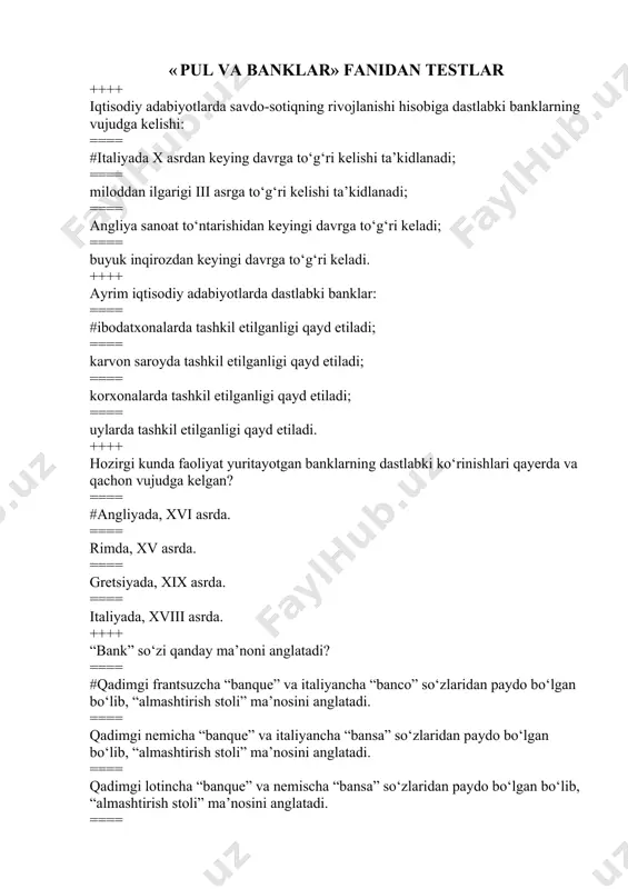 ? ==== #ularning bajaradigan operatsiyalarini zarurligi va turlari hamda xo‘jalik yurituvchi subyektlar va aholining ularga bo‘lgan ehtiyojida. ==== aholining ishonchi va xo‘jalik yurituvchi subyektlarning ishonchsizlik bildirishida. ==== bajaradigan funksiyalari va aholining ularga bo‘lgan ehtiyojida ==== muomalaga pul chiqarishi va to‘lov aylanmasini tashkil etishda. ++++ baklarning o‘ziga xos xususiyatlari nimalarda namoyon bo‘ladi? ==== #ularning xo‘jalik yurituvchi subyektlar, aholi va davlat tashkilotlari o‘rtasida amalga oshiriladigan hisob – kitoblarni tashkil etishi va ularning ustidan tegishli nazorat ishlarini amalga oshirish hisoblanadi. ==== tijorat faoliyati va moliyaviy muassasaligida. ==== korxona va tashkilotlarga moliyaviy yordam berishida, shuningdek, turli komission operatsiyalarni amalga oshirishida ==== vakillik hisobvaraqlari mavjudligi, aholiga va korxonalarga naqd pullarni yetkazib berishi va muomaladagi naqd pullarni qaytarib olishida. ++++ mulkiy jihatdan banklar tasniflanishi qanday javobda to‘liq va to‘g‘ri keltirilgan? ==== #davlat banki, aksiyadorlik banki, kooperativ bank, xususiy va xorijiy kapital ishtirokidagi qo‘shma bank. ==== davlat banki, kooperativ bank, xususiy va xorijiy kapital ishtirokida qo‘shma bank. …