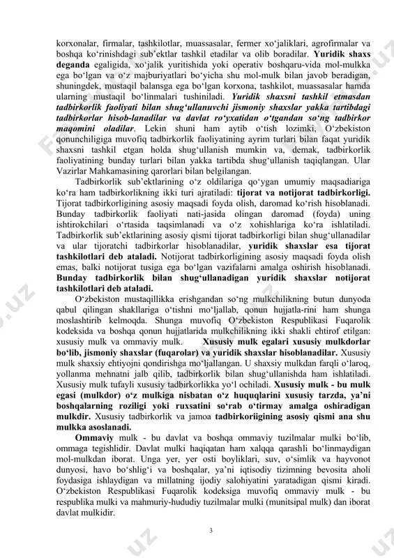 holda ham amalga oshirish mumkin. yuridik shaxs maqomiga ega bo‘lgan tadbirkorlikni korxonalar, firmalar, tashkilotlar, muassasalar, fermer xo‘jaliklari, agrofirmalar va boshqa ko‘rinishdagi sub’ektlar tashkil etadilar va olib boradilar. yuridik shaxs deganda egaligida, xo‘jalik yuritishida yoki operativ boshqaru-vida mol-mulkka ega bo‘lgan va o‘z majburiyatlari bo‘yicha shu mol-mulk bilan javob beradigan, shuningdek, mustaqil balansga ega bo‘lgan korxona, tashkilot, muassasalar hamda ularning mustaqil bo‘linmalari tushiniladi. yuridik shaxsni tashkil etmasdan tadbirkorlik faoliyati bilan shug‘ullanuvchi jismoniy shaxslar yakka tartibdagi tadbirkorlar hisob-lanadilar va davlat ro‘yxatidan o‘tgandan so‘ng tadbirkor maqomini oladilar. lekin shuni ham aytib o‘tish lozimki, o‘zbekiston qonunchiligiga muvofiq tadbirkorlik faoliyatining ayrim turlari bilan faqat yuridik shaxsni tashkil etgan holda shug‘ullanish mumkin va, demak, tadbir​korlik faoliyatining bunday turlari bilan yakka tartibda shug‘ullanish taqiqlangan. ular vazirlar mahkamasining qarorlari bilan belgilangan. tadbirkorlik sub’ektlarining o‘z oldilariga qo‘ygan umumiy maqsadiariga ko‘ra ham tadbirkorlikning ikki turi ajratiladi: tijorat va notijorat tadbirkorligi. tijorat tadbirkorligining asosiy maqsadi foyda olish, daromad ko‘rish hisoblanadi. bunday tadbirkorlik …
