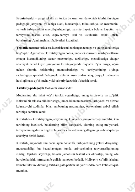 ning buzilishi, bolalarning bilim darajasini, ularning axloq me’yorlari, tarbiyachining dastur tinglovchilarini va metodikani egallaganligi va boshqalarga ahamiyat berish kerak. kuzatish jarayonida shu narsa ayon bo'ladiki, tarbiyachining yetarli darajadagi mutaxassisligi, bu kuzatilayotgan kunda tarbiyachining tayyorgarligi,uning ishdagi tajribasi sayozligi, bolalar jamoasini tashkil eta olmasligi, uning o'ta hayajonlanishi, tormozlanib qolish namoyon bo'ladi. moliyaviy xo'jalik ishdagi kamchiliklar mudiraning tartibsiz,pala-partish ish yuritishdan ham kelib chiqish mumkin. tahlil qilish - tarbiyachi va mudiraga qanday yordam berish va ulardan qanday qilib talab qilish kerakligini belgilab beradi. kuzatish turlicha xarakterga ega bo'lib, nazoratchi-metodist bu jarayonlarni amalga oshirish uchun tekshirish reja-sxemasini tuzadi. nazorat qilishda - qonunlarning ustunligi shuni anglatadiki bunda barcha joriy qonunlar va me'yoriy-huquqiy hujjatlar konstitutsiya asosida va unga muvofiq bo'lishi talab etiladi. ulug' bobokalonimiz amir temur aytganlaridek:"qasrda qonun hukmronlikqilsa, shu yerrda erkinlikbo'ladi" maktabgacha ta'lim bo'limlarida nazorat amalga oshiradi.nazoratchi-metodist - bu ma'liim sohaga tegishli qonunqoidalarning to'g'ri bajarilishini nazorat qiluvchi shaxs. rahbar faoliyatini baholovchi bosh mezon - uning ishini …