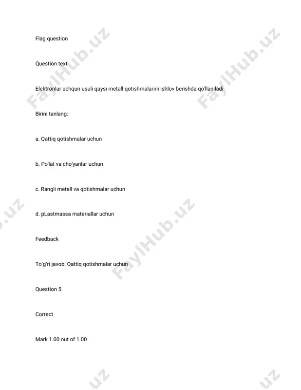 t metallkukunlariningshaklinitoping birinitanlang: a. tolali b. tengyoqli c. barchajavoblarto'g'ri d. yassi feedback to̒g̒rijavob:barchajavoblarto'g'ri question 9 correct mark1.00outof1.00 flagquestion questiontext metallvametallmasmateriallarkukunlarinisanoatmiqyosidatayyorlashningqandayusullaridan foydalaniladi birinitanlang: a. barchajavoblarto'g'ri b. mexanik c. kimyo d. fizik-kimyo feedback to̒g̒rijavob:barchajavoblarto'g'ri question 10 correct mark1.00outof1.00 flagquestion questiontext temirkukunlariningtexnologikxossalariganimalarkiradi birinitanlang: a. faqatoquvchanligivapresslanuvchanligikiradi b. faqattermikishlanuvchanligivatermoturg‘unligikiradi c. faqatkukunningmassasikiradi d. to‘kmakukunningqotishtezligi,krishuvchanlik,termoturg‘unlik feedback to̒g̒rijavob:faqatoquvchanligivapresslanuvchanligikiradi 1k62stanogidagibirinchiraqam “1”nimanibildiradi birinitanlang: a. stanoko’lchamini b. keskichlarsonini c. stanokturini d. zagatovkalarsonini feedback to̒g̒rijavob:stanokturini question 2 correct mark1.00outof1.00 flagquestion questiontext 2a35stanogidagi“35”raqaminimanibildiradi birinitanlang: a. stanoko’lchamini b. ishlanishimumkinbo’lganengkattateshikdiametrik c. stanokturini d. keskichlarsonini feedback to̒g̒rijavob:ishlanishimumkinbo’lganengkattateshikdiametrik question 3 correct mark1.00outof1.00 flagquestion questiontext dastgohlardafoydalaniladiganuzatmalarniaytibbering birinitanlang: a. tasmali,zanjirli,chervyakli,shesternyali,friksion b. friksionvatasmali c. chervyaklivashesternyali d. zanjirlivachervyakli feedback to̒g̒rijavob:tasmali,zanjirli,chervyakli,shesternyali,friksion question 4 correct mark1.00outof1.00 flagquestion questiontext dastgohlardamexanikharakatninimaamalgaoshiradi birinitanlang: a. motor b. asinxrongenerator c. sinxronigenerator d. ichkiyonuvdvigateli feedback to̒g̒rijavob:motor question 5 correct mark1.00outof1.00 flagquestion questiontext doiraviyjilvirlashstanoklaridaqandayoperatsiyalarbajariladi birinitanlang: a. turlire