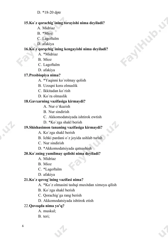nokulyar ko`rish 34. markaziy ko`rish o`tkirligi qaysi jadvalda tekshiriladi? a. *sivtsev jadvalida b. rabkin jadvalida c. snellen jadvali d. sivtsev formulasi 35. sivsev –galovin jadvalida nechta qatordan iborat? a. *12 b. 11 c. 10 d. 8 36. rang sezishning buzilishi nimada aniqlanadi? a. sivtsev jadvalida b. *rabkin jadvalida c. snellen jadvali d. sivtsev formulasi shifoxona va ko`z kabinetining tuzilishi. bemorning tekshirish usullari. 37. ko’zdagi muolajalar qaysi xonada bajariladi? a. muolaja xonasida; b. fizioterapiya xonasida; c. *bog’lov xonasida; d. operatsion xonada; 38. ko’z ichi bosimini tekshirish usuli: a. perimetriya; b. gonioskopiya; c. oftalmoskopiya; d. *tonometriya; 39. ko’z ichi bosimi paypaslab tekshirilganda toshdek qattiq tuyuldi. u qanday belgilanadi? a. tn; b. t3; c. *t+3; d. t-3; 40. ko’rish o’tkirligi necha metrdan tekshiriladi? a. 10 m; b. 3 m; c. *5 m; d. 4 m; 41 . ko’z ichi bosimi normada: e. 10—20 mm.s.u.; f. 20—30 mm.s.u.; g. *16—26 mm.s.u.; h. 6—16 mm.s.u.; …