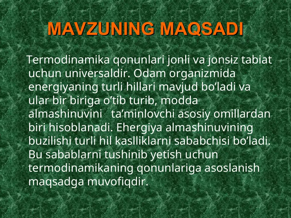 ning ichki energiyasi - bu uning mehanik energiyadan tashqari bo’lgan energiyaning barcha turlarining yig’indisidir. termidinamikaning birinchi qinuni har qanday jarayon davomida enerjiya yo’q bo’lmaydi va yo’qdan bor bo’lmaydi, u faqat bir ko’rinishdan ikkinchi ko’rinishiga ekvivalent miqdorda o’tishi mumkin. organizmda modda almashinuvini boshqaruvchi jarayonda kimyoviy energiya, energiyaning boshqa turlariga o’tib, organizmning hayot faoliyatini ta’minlaydi. termidinamikaning birinchi qinunini matematik ifodasi q = u + a bu erda q - sistemaning issiqligi u - ichki energiyaning ortishi:  u = u2 - u1 a - tashqi ta’sirlar ostida bajariladigan ish miqdori agar ish faqat hajm o’zgarishi hisobiga borsa a = p v unda: q =  u + p v izohor jarayonning issiqlik samaradorligi izohor jarayonda hajm o’zgarmas, ya’ni v = const bo’ladi. hajm o’zgarmasa: v = 0 ish bajarilmaydi: pv = 0 bunday sharoitda, termodinamikaning birinchi qonuniga binoan, sistemaga berilgan bor issiqlik uning ichki energiyasini oshirishga sarflanadi: qv = u izibar jarayonning …