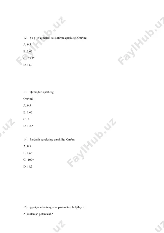 suyuqliklar 48.to'liq zanjir uchun ohm qonunida r ni nima aniqlaydi i=e / (r+r) ? a. butun zanjirning qarshiligi b*. oqim manbai qarshiligi b. tashqi zanjir qismining qarshiligi g. qarshilik qarshiligi 49.elektr toki nima ? a. zaryadlangan zarracha b*.zaryadlangan zarrachalarning tartibli va yo'naltirilgan harakati c. zaryadlangan zarralarning o'rtacha holatiga nisbatan tebranishlari d. kosmosdagi elementar zarralarning harakatlari 50.o'zgaruvchan tok nima deyiladi ? a. zaryadlangan zarrachalarning yo'naltirilgan harakati b*. vaqt o'tishi bilan kattaligi va yo'nalishi bo'yicha o'zgarib turadigan tok c. yopiq kontaktlarning zanglashiga olib keladigan oqim d. chastotalari nolga teng bo'lgan oqim 51 .to'liq zanjir uchun ohm qonunida r ni nima aniqlaydi i=e / (r+r) ? a. butun zanjirning qarshiligi b. oqim manbai qarshiligi c*. tashqi zanjir qismining qarshiligi d. qarshilik qarshiligi 52.to'liq zanjir i=e / (r+r) uchun om qonunida i nimani belgilaydi ? a. butun zanjirning qarshiligi b*. zanjirdagi tok kuchi c. tashqi zanjir qismining qarshiligi d. eyuk 53 .to'liq zanjir uchun …
