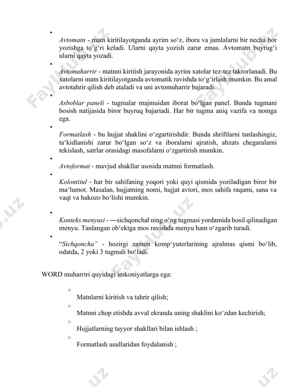 lik 1998-yilda microsoft yangi office dasturini microsoft office 98 deb nomlanuvchi paketni ishlab chiqdi. bu paketga qo‘shimcha qilib, outlook va power point dasturlari kiritildi. 2000, 2003, 2013, 2010 va 2013 yilda yaratilgan office paketidagi dasturlar soni yil sayin ko‘payib takomillashib kelmoqda. hozirgi kunda eng ko‘p foydalaniladigan turi bu microsoft office 2003 dasturidir. bu dastur nafaqat mutahasislar balki yangi ishlovchilar uchun ham bir muncha qulay. microsoft office paketi microsoft office 2003 gacha imkoniyatlari ortib, tarkibiga yangi dasturlar qo‘shilib borsada o‘z ko‘rinishini o‘zgartirmagan edi. ammo 2006-yil sotuvga chiqarilgan microsoft office 2013 paketi o‘zidan avvalgi avlodlarning barcha buyruqlari va imkoniyatlarini saqlab qolgan bo‘lsada, ko‘rinishi oldingi versiyalardan tubdan farq qilar edi. bu farqni quyidagi 10- rasmdan sezish mumkin. word muharriri microsoft firmasining mahsulidir. hozirgi kunda word muharririning versiyalari keng tarqalgan va ushbu muharrirlar faqatgina windows dasturi muhitida ishlaydi. bu muharrir yordamida yangi matnni kiritish, matnni tayyor shakl asosida kiritish, xatlarni qo‘yilgan talablarga asosan tayyorlash, …