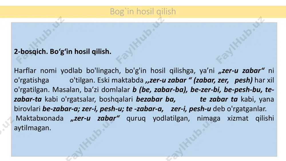 ydi. bolalarning savod o`rganishga tayyorgarligini o`rganish 3. tovushni tahlil qilishga tayyorgarligi. a) so‘zni bo'g'inlarga bo`ladi; b) so'z yoki bo'g'indagi tovushni ajratadi; d) hamma tovushni to‘g‘ri talaffuz qiladi; e) ayrim tovushlarni noto'g'ri talaffuz qiladi (qaysi tovushlar ekani hisobga olinadi); f) nutqining baland yoki pastligi, diksiyasiga e’tibor qaratiladi. 4. og'zaki bog'lanishli nutqi. she’mi yoddan o‘qish. a) 3 ta yoki undan ortiq she’rni biladi, uni zavqlanib aytadi; b) 1-2 ta she’rni biladi, aytishga uyaladi; d) birorta she’rni yoddan o'qishni bilmaydi. bolalarning savod o`rganishga tayyorgarligini o`rganish 5. og'zaki bog`lanishli nutqi. ertak aytish. a) bir yoki bir nechta ertakni biladi va aytib bera oladi; b) ertakni biladi va uni aytishga harakat qiladi, lekin ayta olmaydi; d) ertak aytishni bilmaydi, o'rganishga ham harakat qilmaydi. 6. og‘zaki bog'lanishli nutqi. fikr bayon qilish („rasm da nimalar ko'rayotganingni aytib ber"). a) 20 so'zdan ortiq bog'lanishli hikoya, bir necha gap tuza oladi; b) 10 tadan 20 tagacha so'z, bir necha …