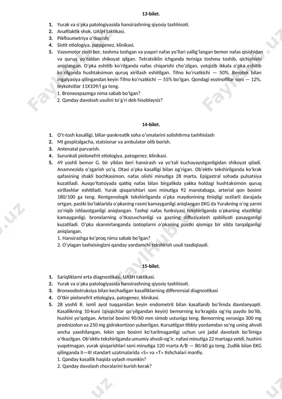 ard infarktidan davolanayotgan edi, kasallikning ikkinchi haftasida chap ko‘kragida og‘riq paydo bo‘lib, nafas olganda og‘riq kuchaygan, isitmasi 37,6°s ga ko‘tarilgan. pnevmoniyaga gumon qilinib penitsillin tayinlangan. lekin davolanishiga qaramasdan isitmasi 38,2°s ga ko‘tarilib, ko‘kragidagi og‘riq kuchaygan, mayda bo‘g‘imlarida xam og‘riq paydo bo‘lgan. ausqo’ltatsiyada perikardning kuchsiz ishqalanish tovushi eshitilgan. nafas shovqini susayib, plevraning ishqalanish shovqini kuchaygan. jigari va talog‘i kattalashmagan. yurak qisqarishlari soni minutiga 92 martacha, a/b—130/80 mm ga teng. rentgenologik tekshirilganda plevra bo‘shlig‘ida ozroq suyuqlik borligi aniqlangan. qonda leykotsitlar 12x109 l, eozinofillar — 18 ga teng. 1. qanday tashxis qo‘yilsa to‘g‘ri bo‘ladi? 9-bilet. 1. antenatal parvarish. 2. yurak va o‘pka patologiyasida hansirashning qiyosiy tashhisoti. 3. lipid almashinuvining buzilishi 4. infeksion va noinfeksion etiologiyali diareyada differensial diagnostika. 5. ilgari hech qanday kasallik bilan og‘rimagan 48 yoshli bemor l. ning to‘satdan isitmasi ko‘tarilib, titroq tutgan, qiyinchilik bilan balg‘am ajratib yo‘talgan va boshi og‘rigan. ob’ektiv tekshirilganda ahvoli o‘rtacha og‘irlikda, nafas olishi minutiga 20 marta, …