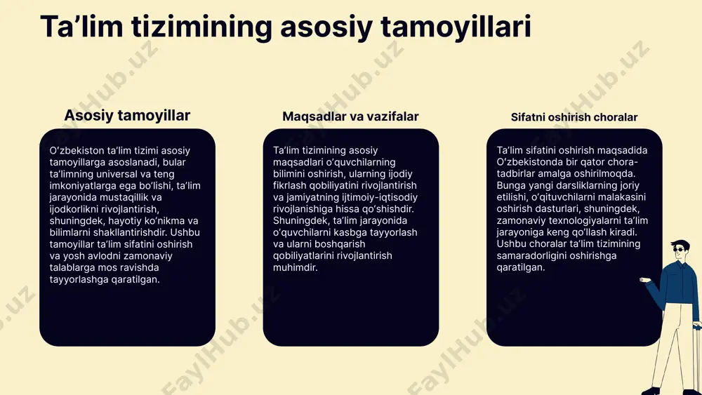 muhim ahamiyat kasb etadi. innovatsiyalar va tendensiyalar dunyo taʼlim tizimlarida steam (ilm-fan, texnologiya, muhandislik, sanʼat va matematika) taʼlimi tobora keng tarqalmoqda. oʻzbekistonda ham bu yoʻnalishdagi taʼlim dasturlarini joriy etish orqali yosh avlodni zamonaviy kasblarga tayyorlash va ularning ijodiy qobiliyatlarini rivojlantirish maqsad qilingan. kelajakdagi taʼlim strategiyalari o‘zbekiston taʼlim tizimidagi asosiy strategiyalar quyidagilarni o‘z ichiga oladi: 1. **taʼlim sifatini oshirish:** bu strategiyaning maqsadi taʼlimning sifatini xalqaro standartlarga moslashtirishdir. bu jarayon o‘qituvchi va o‘quvchilarni yangi metodologiyalar bilan ta’minlashni, shuningdek, taʼlim muassasalarining infratuzilmasini modernizatsiya qilishni o‘z ichiga oladi. 2. **innovatsion texnologiyalarni joriy etish:** o‘zbekiston taʼlim tizimida innovatsion texnologiyalarni qo‘llash orqali taʼlim jarayonini yanada samarali qilish maqsad qilingan. bunga onlayn taʼlim platformalarini rivojlantirish va raqamli resurslardan foydalanishni kengaytirish kiradi. 3. **xalqaro hamkorlik:** taʼlim tizimida xalqaro standartlarga erishish uchun o‘zbekiston turli davlatlar bilan hamkorlikni kuchaytiradi. bu o‘z ichiga o‘quv dasturlarini xalqaro darajada tan olish va talabalarga chet elda taʼlim olish imkoniyatlarini yaratishni oladi. ushbu strategiyalarni amalga …