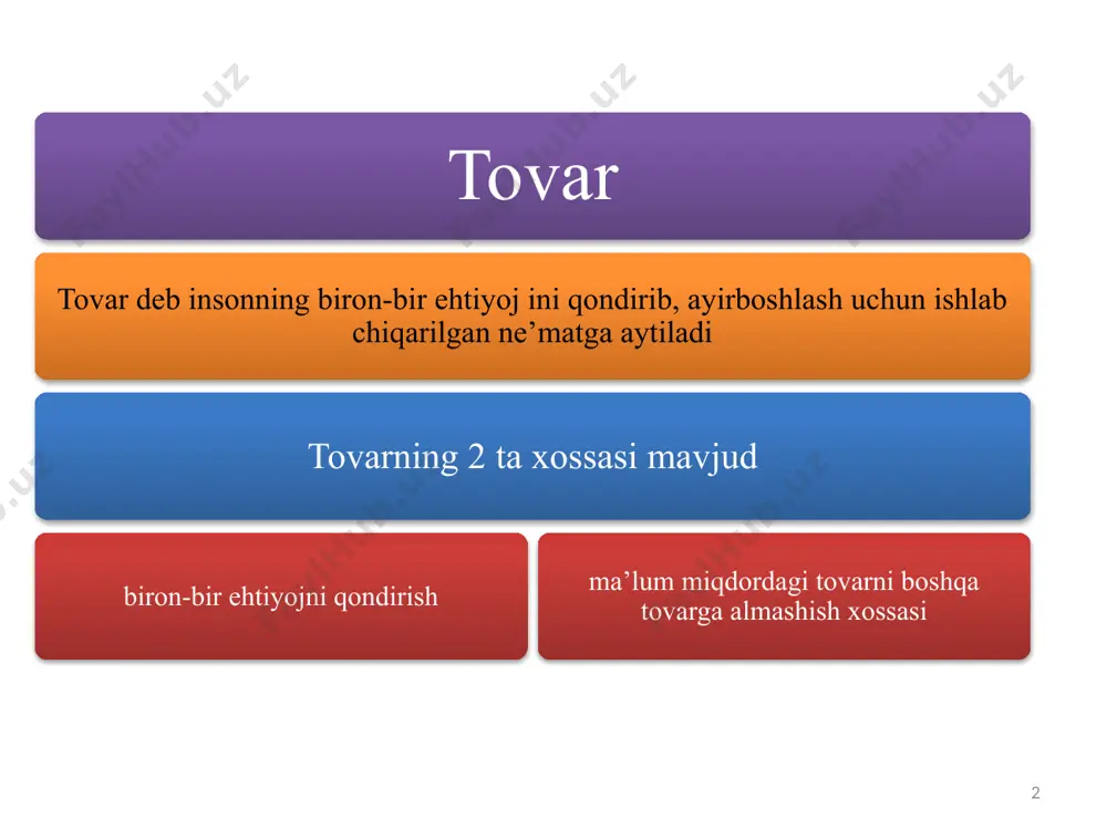 g tovar siyosati oddiy kengaytirish (eksport); mahsulotni moslashtirish; «teskari» ixtiro yoki yangi ixtirolar; tovar ishlab chiqarishni to’xtatish. to’rtta prinsipial yo’nalishlari 7 1. tovar mahsulotining vazifasi: tasniflash ko’rsatkichlari (quvvati, tezligi, sig’imi va hokazo); konstruktiv va texnik ko’rsatkichlar (material sig’imi, gabarit o’lchami, konfigurasiyasi, mahsuldorligi, o’lchash aniqligi, qayta ishlanuvchi ma’lumotlar hajmi); mahsulot tarkibi va strukturasi (tabiiy modda va aralashmalar tarkibi). 2. sifati va ishonchliligi: gost talablariga javob berishi, foydalanganda buzilib qolmasligi, kafolat muddati davomida ta’mirlashsiz ishlatish; mahsulotning texnik va ijtimoiy-iqtisodiy zarur davri uzunligi; chet ellik iste’molchilarning ma’lum ehtiyojlarini qondirish qoiliyati. 3. estetika: jozibadorlik (rangi, ranglar kombinasiyasi, gabarit o’lchami); ifodalilik (shinamlik, iqtisodiylik va hokazolarni ifodalash); emosional ta’sir (hayajonlonish, tinchlanish, beparvolik). eksport tovar assortimentini rejalashtirish jarayonida tovar raqobatbardoshligini baholashda foydalaniluvchi ko’rsatkichlarga asoslaniladi. bu ko’rsatkichlar quyidagilardan iborat: 4. ekologik tozaligi: tayyor yoki yarim tayyor mahsulotda zararli aralashmalarning mavjudligi; qayta ishlangan mahsulotlarda zararli aralashmalarning mavjudligi; atrof-muhitga, atmosfera va suv havzalariga zararli moddalarni chiqarish. 5. ergonomiklik: gigienichnost (toksiklik, …