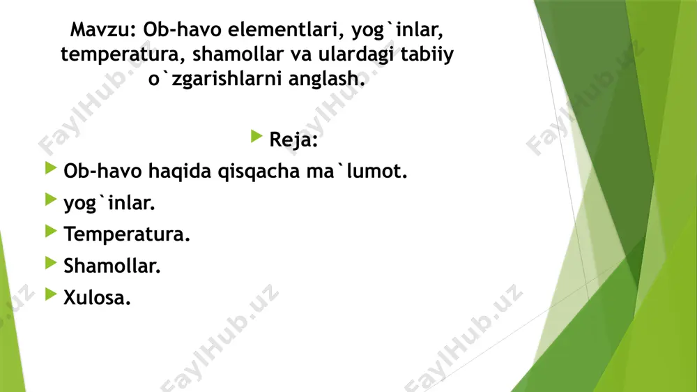 s ob-havo sharoitlari bor. masalan, yozda issiq va quruq, qishda esa sovuq va nam ob-havo kuzatiladi. xulosa bu elementlar bir-biri bilan bog'liq bo'lib, ularning kombinatsiyasi umumiy ob-havo sharoitlarini belgilaydi. ob-havoni anglash uchun ushbu elementlarni tahlil qilish juda muhimdir, chunki bu inson faoliyatiga ta'sir qiladi va tabiatning dinamikasini tushunishga yordam beradi. foydalanilgan adabiyotlar p.gulyamov, r.qurbonniyozov, m.avezov, n.saidova – geografiya (tabiiy geografiya boshlang‘ich kursi), iven m., fillips l., ximiya atmosferm, m., 1978; uork k., uorner s, zagryazneniye vozduxa. istochniki i kontrol, per. s angl., m., 1980. e'tiboringiz uchun rahmat! image1.jpeg image2.jpeg image3.jpeg image4.jpeg image5.png image6.png image7.jpeg image8.jpeg image9.jpeg image10.jpeg image11.jpeg image12.jpeg image13.jpeg image14.jpeg image15.jpeg /docprops/thumbnail.jpeg