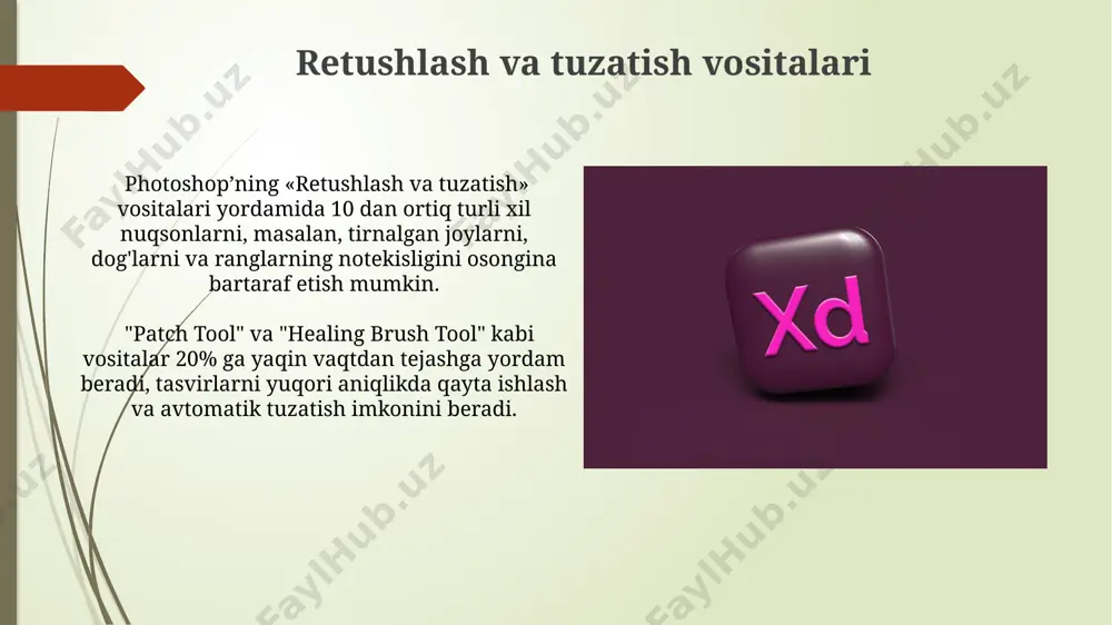 iksel o‘lchamli, hd sifatli kadrlarni olish mumkin, bu video tahrirlash uchun juda qulay. photoshop’dagi "kesish" (crop) va "qirqish" (slice) vositalari o‘rtasidagi farq, ularning natijalarida: kesish rasmning bir qismini olib tashlaydi, qirqish esa rasmni qismlarga ajratadi, saqlash uchun. filtrlar va effektlar "smart filters" funksiyasi filtrlarni qatlam sifatida qo'llash imkonini beradi, bu esa ularni keyinchalik tahrirlash va o'zgartirishga imkon yaratadi. bu 20 dan ortiq turdagi filtrlar uchun qo'llanilishi mumkin. photoshop'da 100 dan ortiq turli filtrlar va effektlar mavjud bo'lib, ular rasmga turli xil uslublar va effektlar qo'shish imkonini beradi, shu jumladan, blur, sharpen, noise reduction va color adjustments kabi vositalarni o'z ichiga oladi. adobe bridge bilan ishlash adobe bridge interfeysi ko'pgina panel va oyna elementlarini o'z ichiga oladi, jumladan, "metadata" paneli, "keywords" paneli va "preview" paneli, bu esa 5 dan ortiq rasm faylini bir vaqtning o'zida tahlil qilish imkonini beradi. adobe bridge’da 1000 dan ortiq rasm fayllarini teз va samarali tarzda ko'rish …