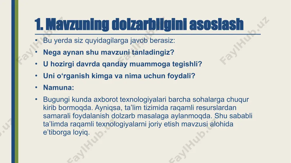 mlar uchun xorijiy mamlakatlar tajribasini o‘rganish natijalari ushbu bobda aks ettiriladi. bu bobda tadqiqotchi deduksiyadan foydalanib, umumiydan xususiyga qarab ilmiy tadqiqot o‘tkazadi, bunda xususiy hollarning butun bir turkumidan umumlashtirilgan xulosa chiqariladi. ikkinchi bobda ko‘rilayotgan masalaning hozirgi holati tahlil qilinadi, muallifning to‘plangan materiallari asosida tadqiqot obyektida mavjud kamchiliklarni yo‘qotishga qaratilgan takliflari va tavsiyalari asoslanishi kerak. tajriba orttirish davrida yig‘ilgan hamda tadqiqot jarayonida tahlil qilingan materiallar asosida xulosa chiqariladi. shunday qilib, ilmiy ish mazmunining asosiy g‘oyasi ifodalanadi. ushbu bobda ilmiy ish mavzusiga tegishli tashkilot (ta’lim muassasi), obyekt, faoliyatning qisqacha tavsifnomasi beriladi, undagi muammo, bunga qaysi omillar qanday ta’sir qilganligini izohlaydi, tahlil qiladi. paragraflarni yozish tartibi. tegishli paragraflarda quyidagilar mantiqiy izchillikda joylashtiriladi: tadqiqot obyektining funksiyalari, vazifalari va yo‘nalishi, tashkiliy tuzilmasi, boshqarish tizimi, uning tashqi va ichki omillariga xos xususiyatlar, tadqiqot obyektining texnik-iqtisodiy ko‘rsatkichlari. o‘tkazilgan tahlil asosida tadqiqot obyektidagi mavjud kamchiliklar va muammolar aniqlanadi. uchinchi bobda muallif tomonidan o‘rganib chiqilgan materiallar asosida tadqiqot obyekti …